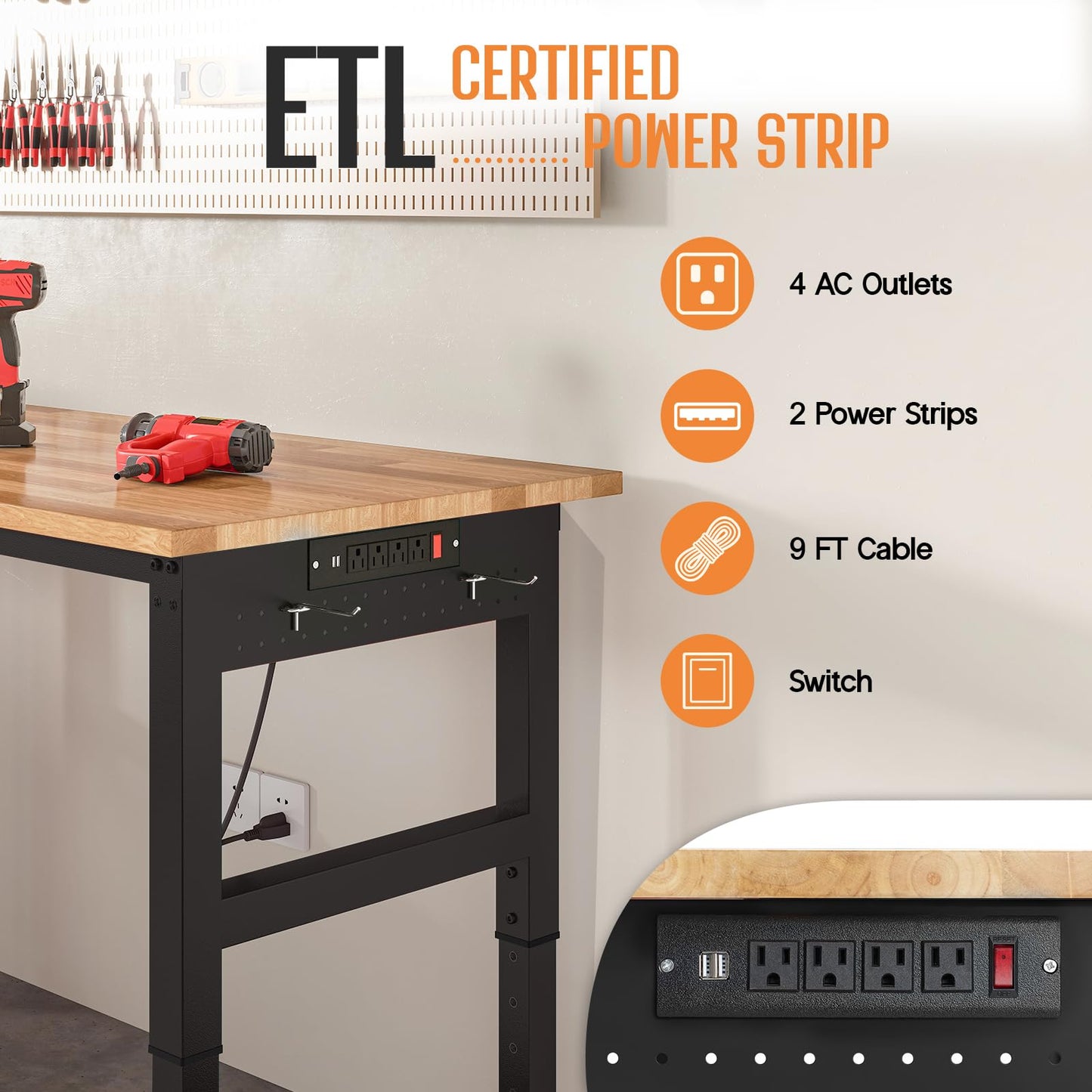 SPECRAFT 68"x48" L-Shaped Workbench with Power Strip, Adjustable Height Heavy Duty Work Table with Pegboard, 6000LBS Load Capacity, Industrial Wood Top Workstation for Garage, Workshop, Home Office
