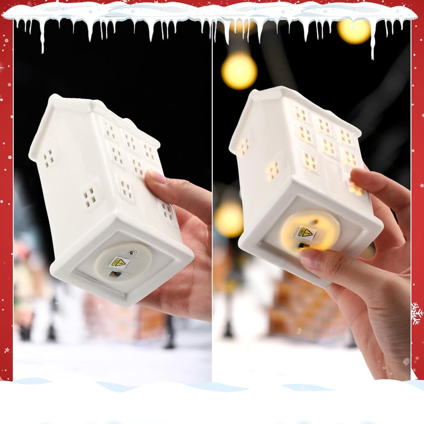 Soaoo Ceramic Christmas Village Set - 29 Pcs with LED Houses, Trees, Snowmen & Fake Snow | White Porcelain Decor