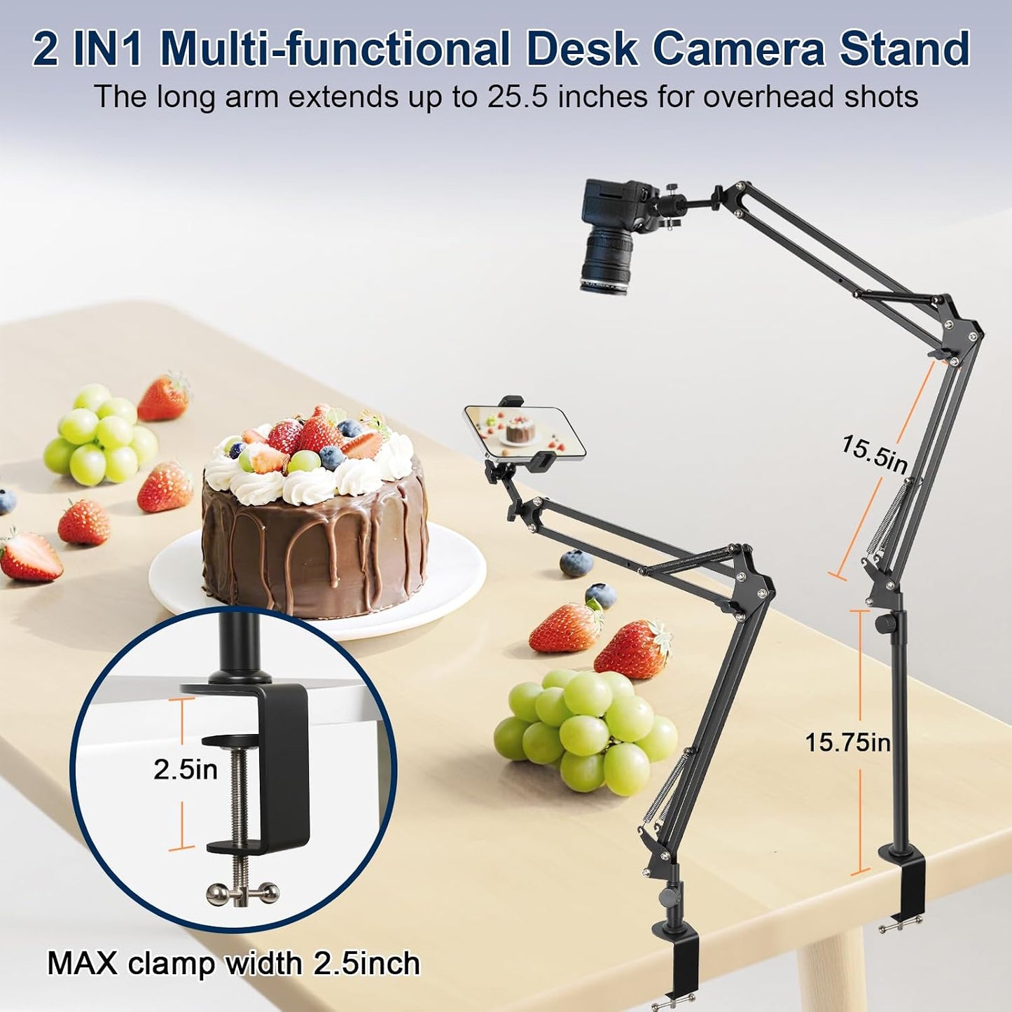 juttilax 360 5lb,Desk Overhead Camera Mount,Camera Desk Mount with Adjustable Arm and Phone Holder,Max Load-Bearing