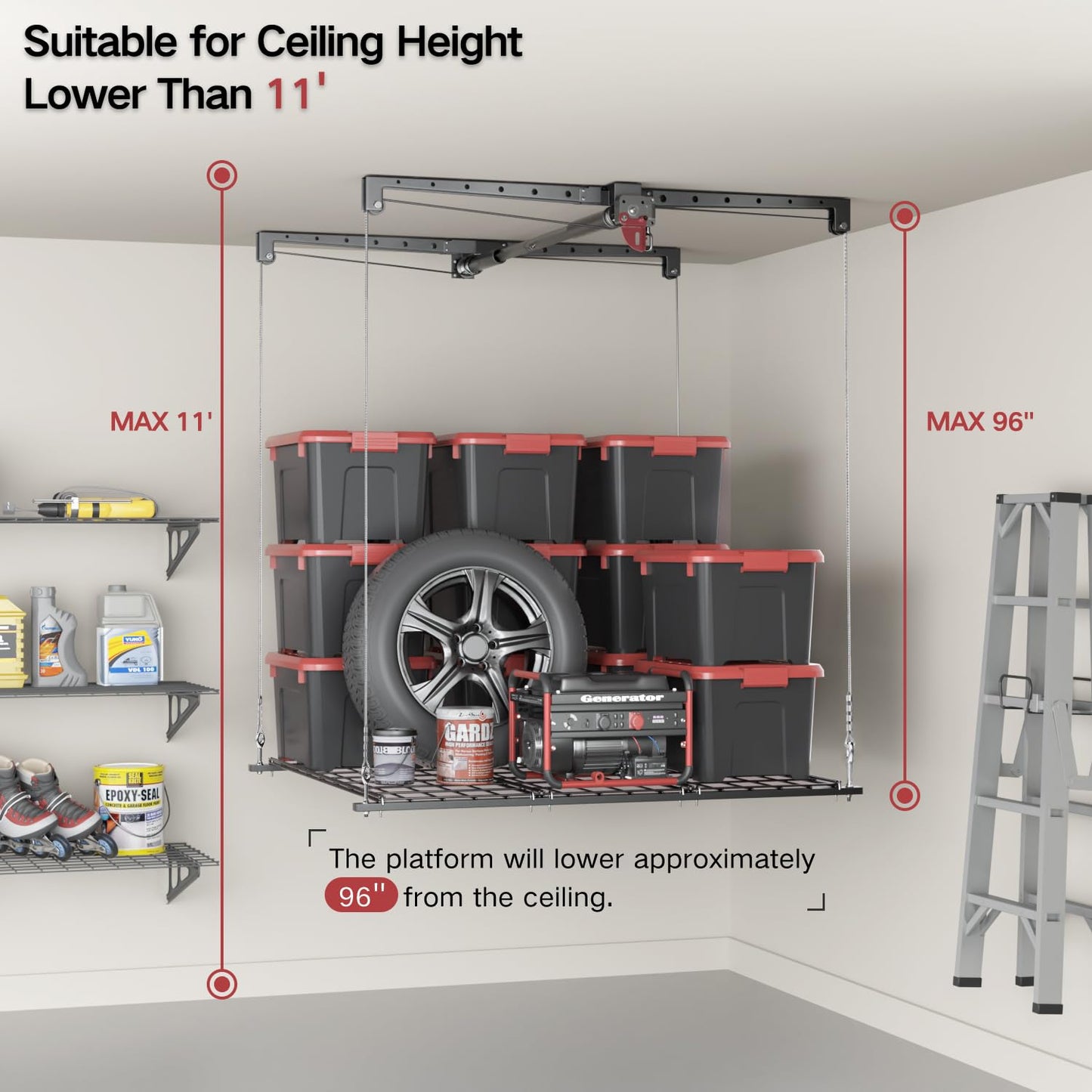 KOKORACKER Overhead Garage Storage Rack, Adjustable Heavy-duty 4x4 Ft Ceiling Storage Racks with Safety Lock, Ideal for Garage Storage Lifting Organization System, 250lbs Capacity
