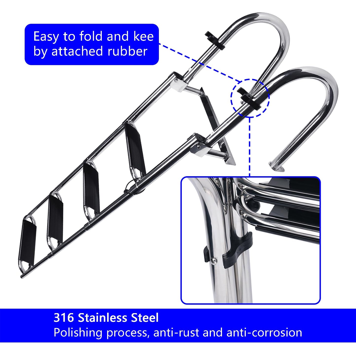 Heavy Duty Pontoon Boat Ladder, 316 Stainless Steel 4 Step Telescoping Folding Rear Entry Inboard Ladder All Welded Reinforce Dock Swim Deck Ladder with Wide Steps Strong Handrails