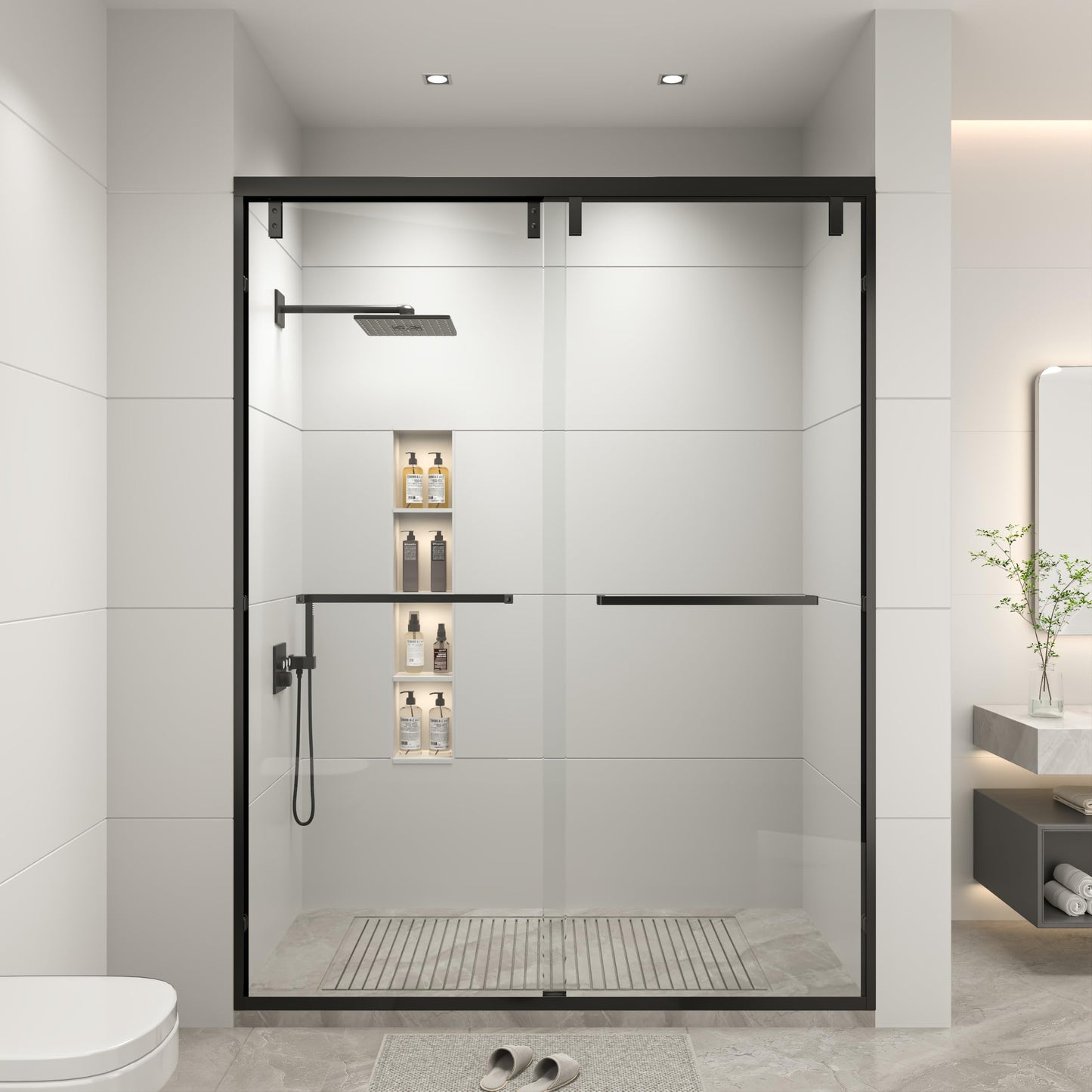 RFN 56-60" W x 76" H Framed Bypass Double Sliding Shower Door, 1/4" (6 mm) Easy-to-Clean Treated Clear Tempered SGCC Glass,Bathroom Door(Matte Black, 56-60" W*76" H)
