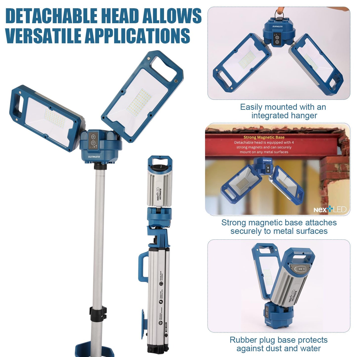 NextLED Ultimate NT-6926M Heavy Duty Tripod Work Light with Detachable Magnetic Lamp Head, 6000 Lumen, 6500/4500K Color Temperature, 8000 mAh Built-in Battery, CRI 90+, AC/DC Compitable