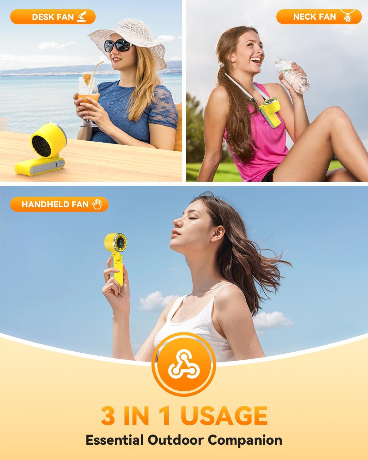 PlayHot Portable Handheld Turbo Fan - 5-Speed Rechargeable 5000mAh Battery | Lightweight 3-in-1 Design, Yellow