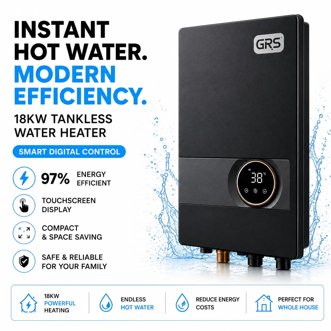 GRS Tankless Water Heater Electric 27KW 240V | Easy to Install Electric Heater with Digital Display | Whole House Water Tank for Shower, Kitchen, Bathroom, Sink, and more