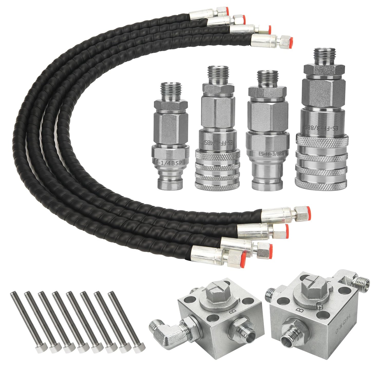 3 Way Hydraulic Diverter Valve Kit for 1-2 Ton Chinese Mini Excavator – Heavy-Duty Alloy Steel Valve w/Quick Connect 31-Inch Flexible Hoses, Excavator Hydraulic System Attachment