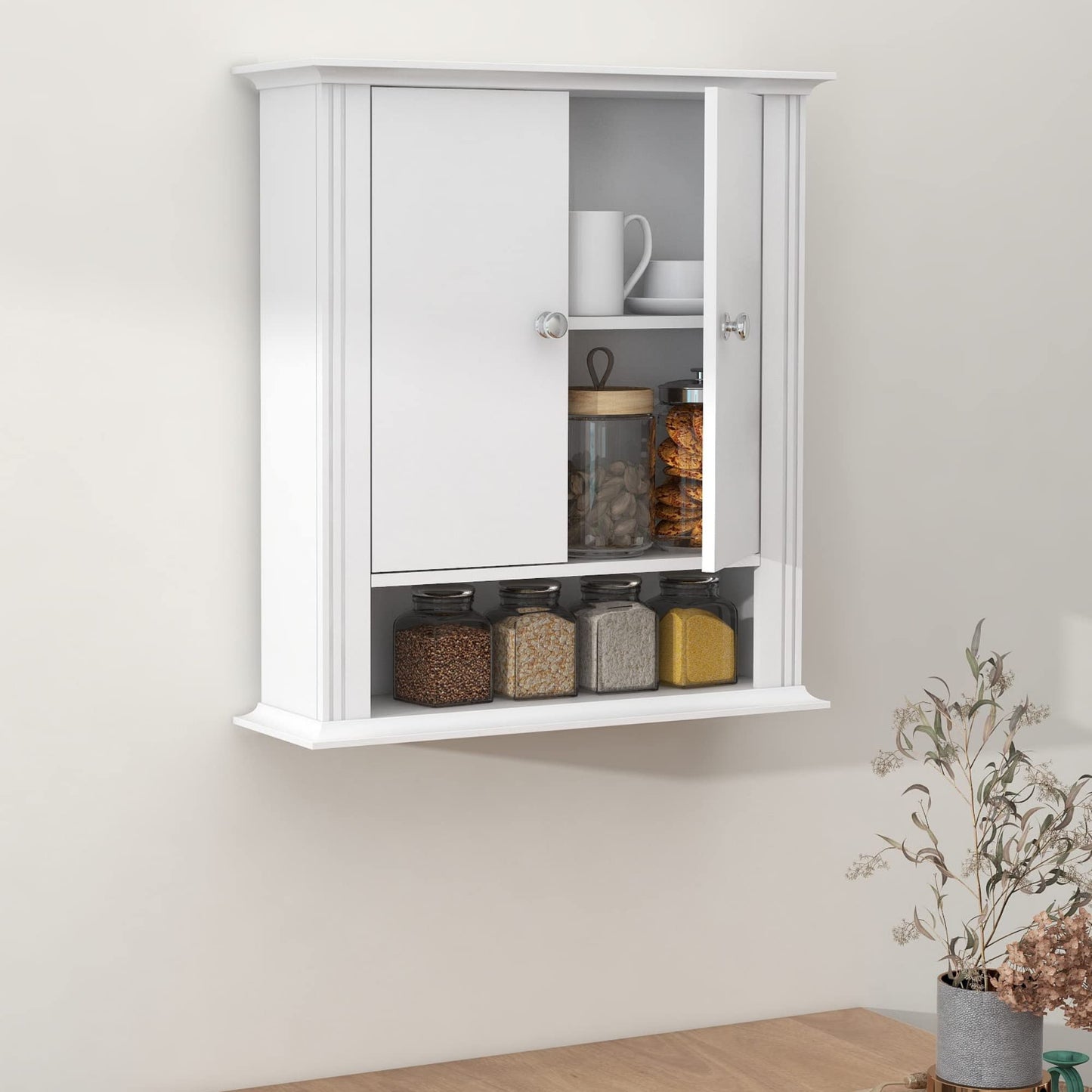White Bathroom Wall Cabinet, Over the Toilet Storage Cabinet, Bathroom Cabinet Wall Mount, 2 Doors & Hooks, Medicine Cabinet Organizer, Hanging Wall Cabinet Cupboard for Kitchen Laundry Room White