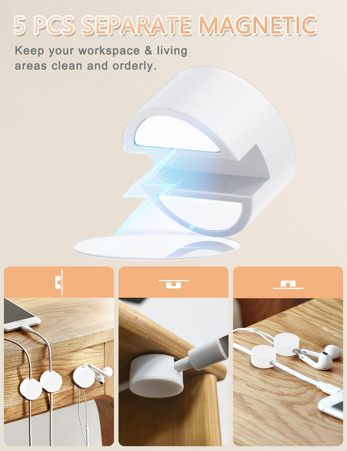 Xuuza 5-Pack 5 5 Magnetic Cable Organizer Adhesive Cable Clips for Kitchen Nightstand Desk Table Metal Wall Steel, Cord