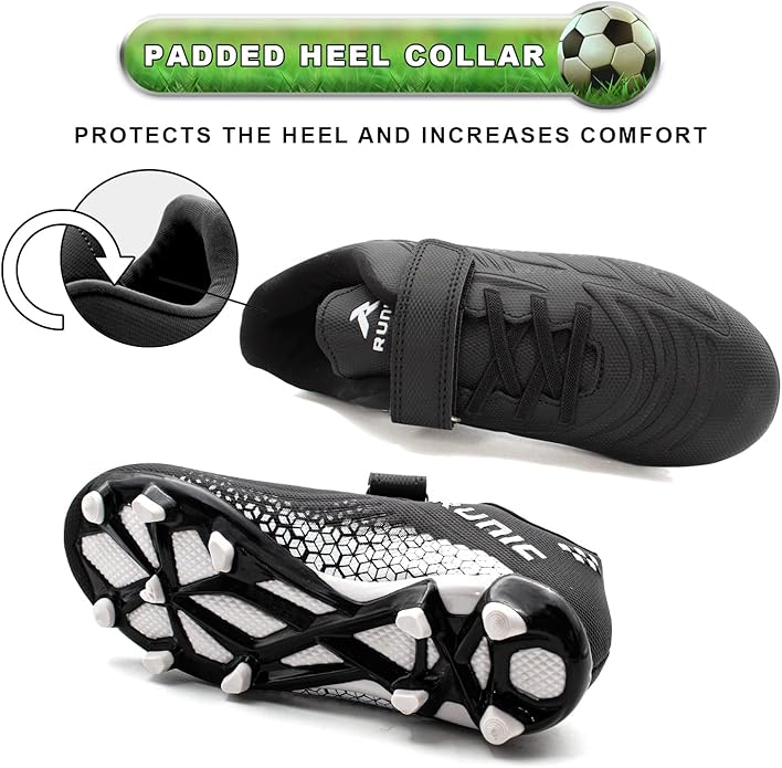 RUNIC Kids Soccer Cleats for Boys and Girls - Small and Big Kid Athletic Outdoor Football Shoes - Firm Ground - Hook and Loop Closure - Black/Gold