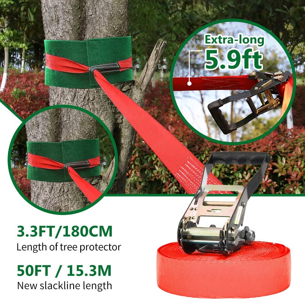 Ninja Warrior Obstacle Course for Kids Backyard - 2×50ft Slackline Kit with 10 Most Complete Accessories for Boys & Girls, Swing, Rope Ladder, Gymnastic Ring, Climbing Net, Arm Trainer and Monkey Fist