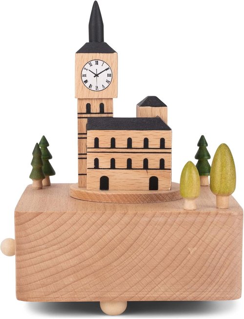 Cottage Garden Big Ben Musical Figurine - 6 Inch Woodgrain Beech Wind-Up Design