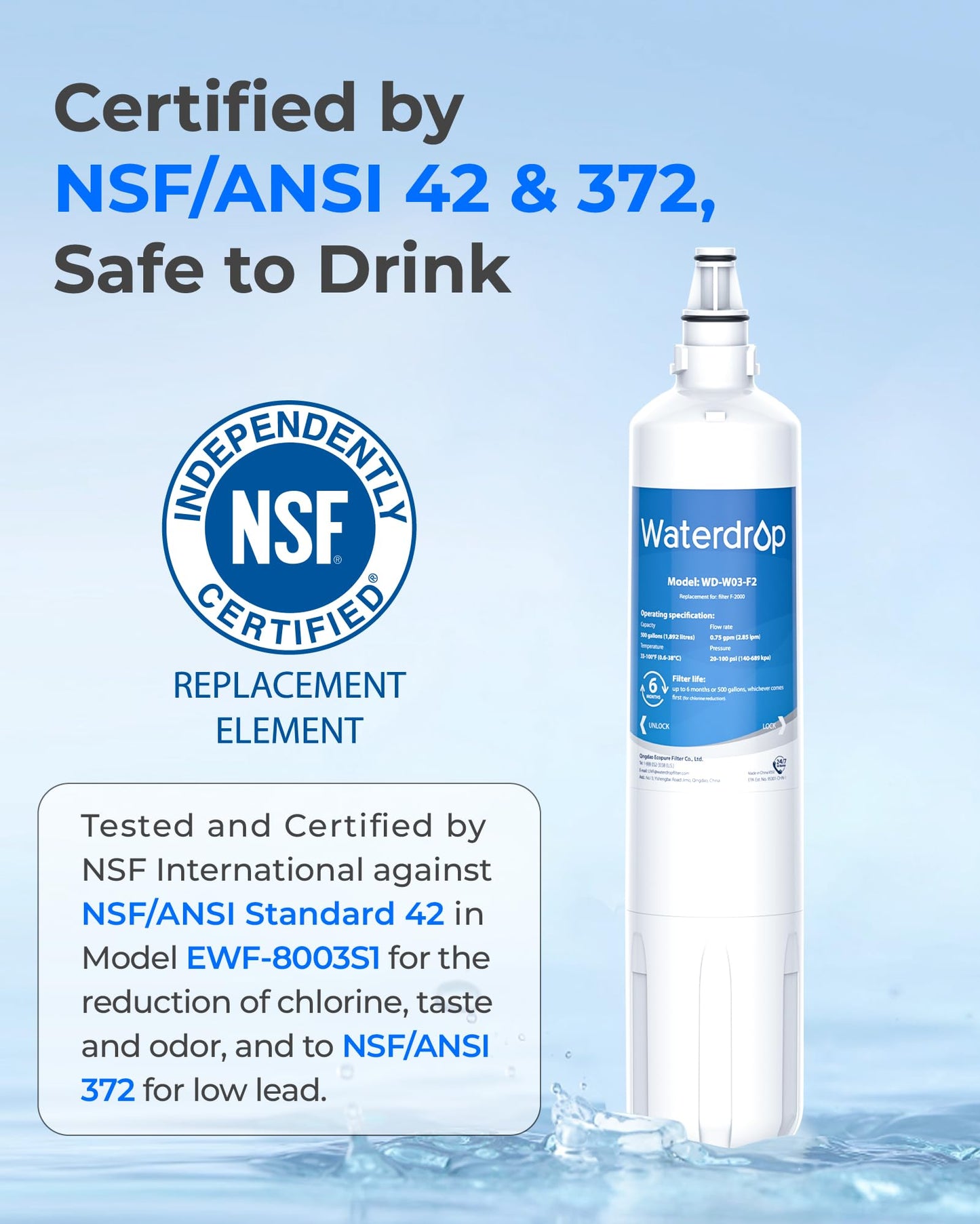 Waterdrop F-2000 4204490 Water Filter, Replacement for Sub-Zero 4204490, InSinkErator® F-1000 F-2000 F-3000 Filter and AquaPure AP Easy C-Complete, Sub Zero Water Filter Replacement, NSF/ANSI 42
