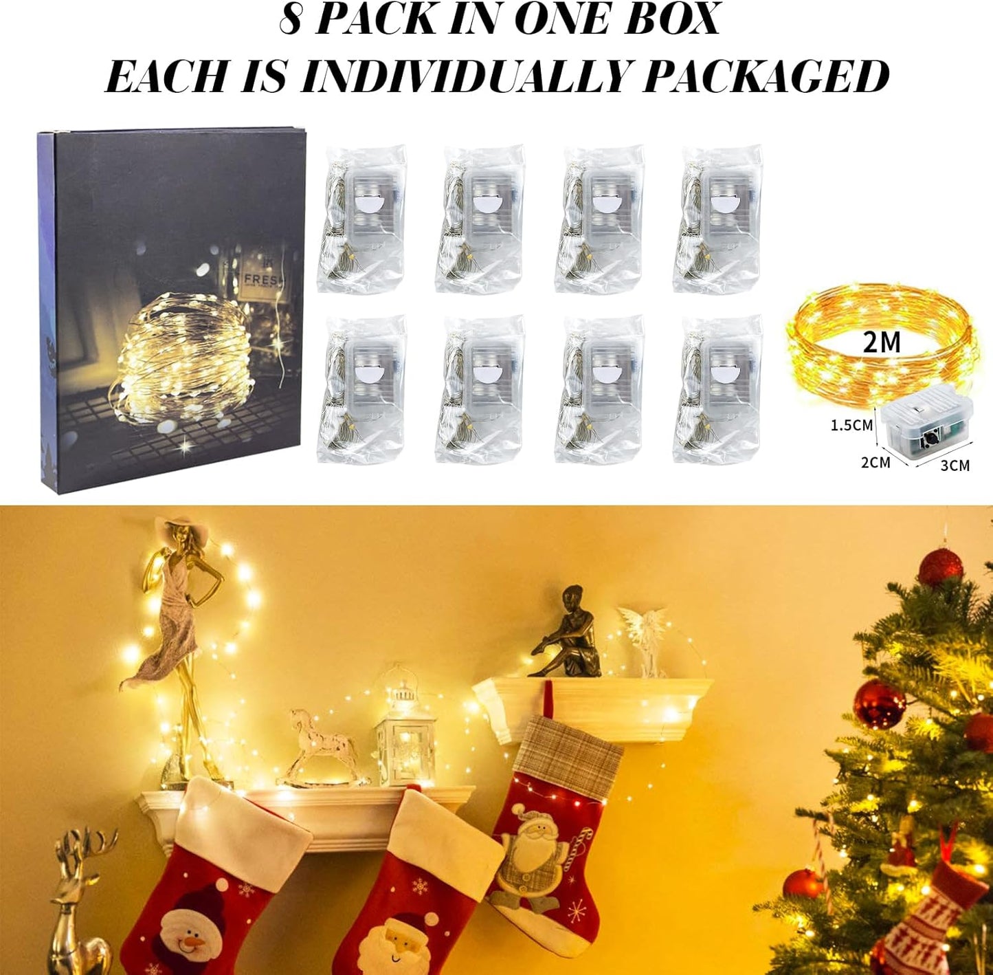 ZGWJ Fairy Lights - 8 Pack Battery Operated 7ft Mini LED String Lights | Warm White for DIY Decor