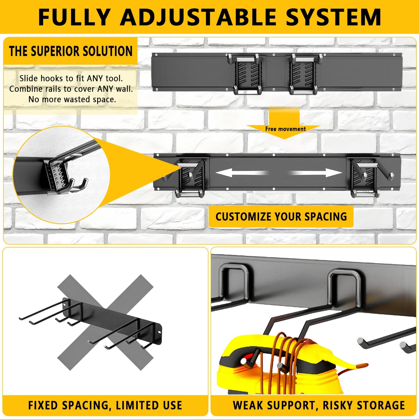 Tebgeag Garage Tool Organizer Wall Mount, 48inch Heavy-Duty Garage Storage System and Garden Tool Organizer with 6 Adjustable Double Hooks for Shovel, Snowboard, Yard Tools and Shed