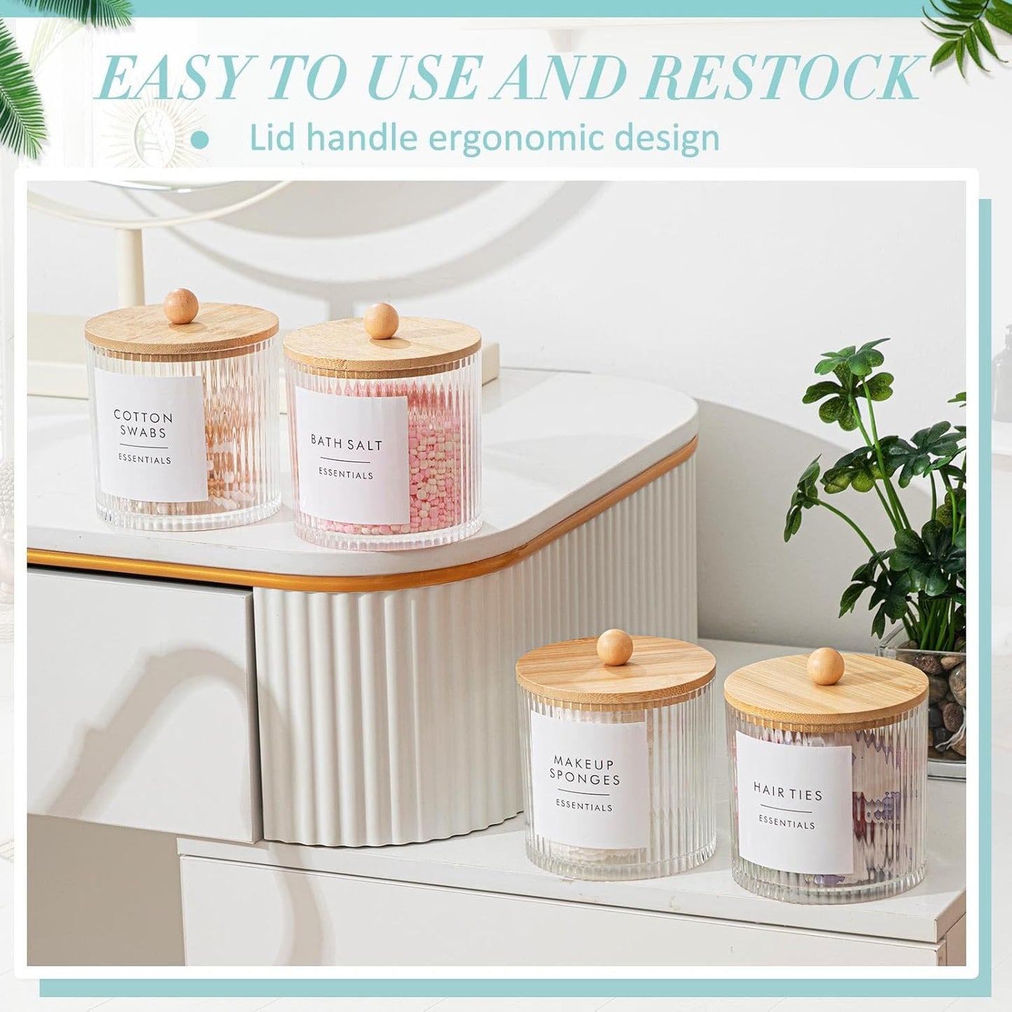 Yaomiao Ribbed Bathroom Canisters - 6 Pcs Apothecary Jars with Bamboo Lids & Labels | 18 oz Plastic Storage