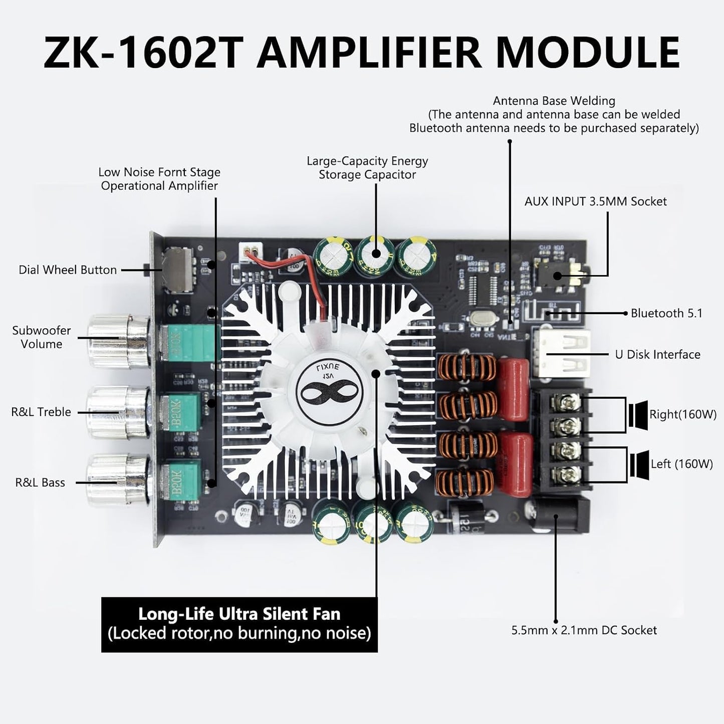Sigllr 5.0 Board,320W 2.0 Bluetooth Audio Stereo Amplifier HiFi Channel Mini Power Amp Module with Treble & Bass