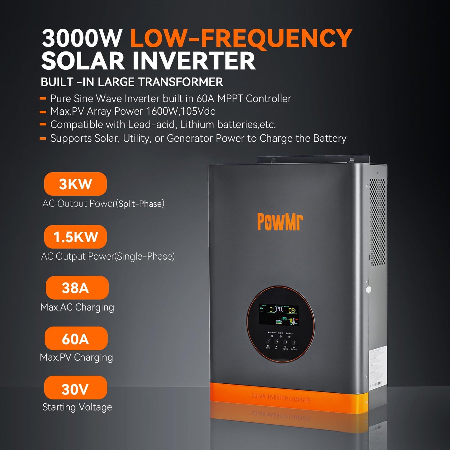 PowMr Solar Inverter 3000W 24V, Peak 9000W, Low-Frequency Pure Sine Wave Inverter 24V to 110V Built-in 60A MPPT Controller, fit for Lead-Acid Lithium Battery and Support Utility/Solar Charge
