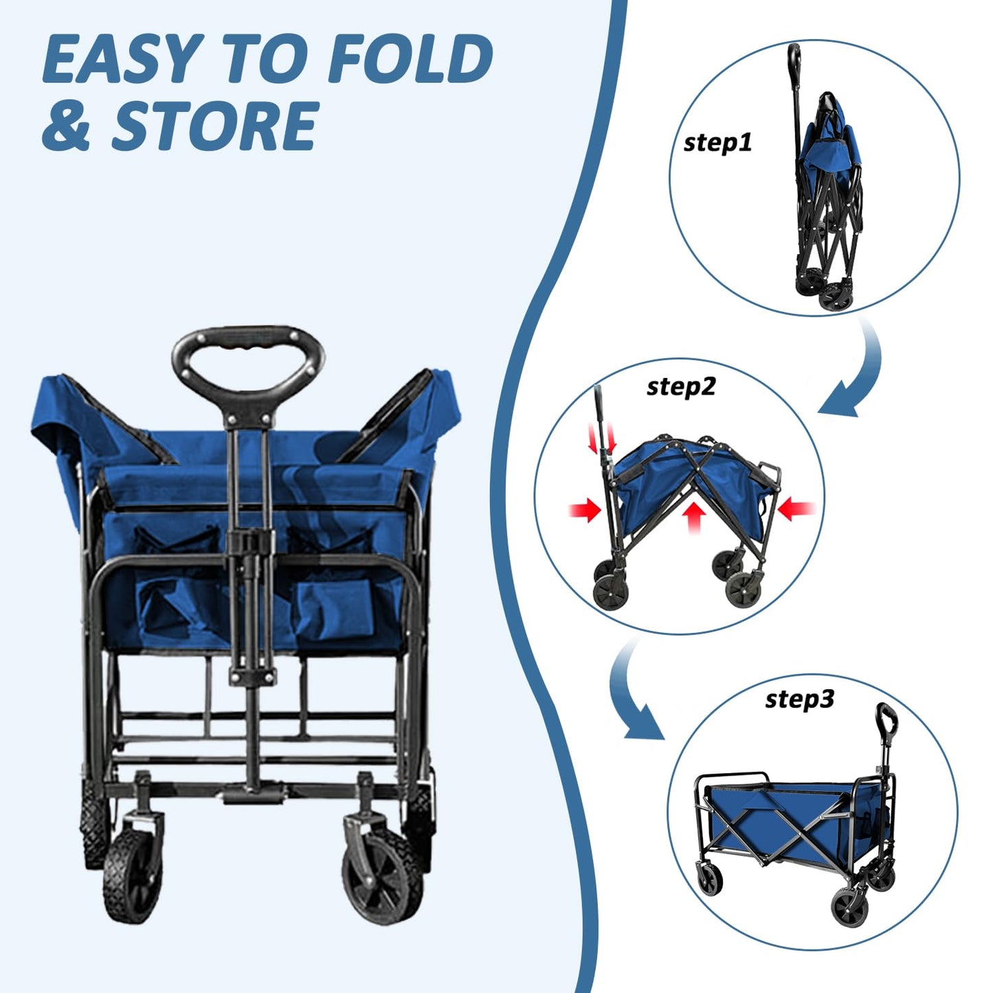 SAILARY Collapsible Utility Cart Folding Wagon, 320lbs Capacity Lightweight Rolling Cart with Quiet Wheels, Quick-Fold Design for Camping, Shopping, Ourdoor Use, Blue