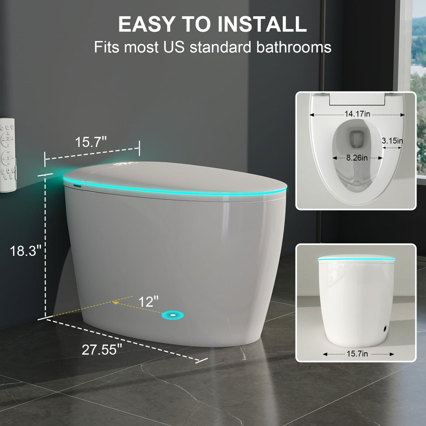 Smart Bidet Toilet with Foam Shield, Auto Open/Close Lid & Seat, Foot Sensor Flush, Tankless One Piece Elongated, Heated Seat, Instant Warm Water & Dryer