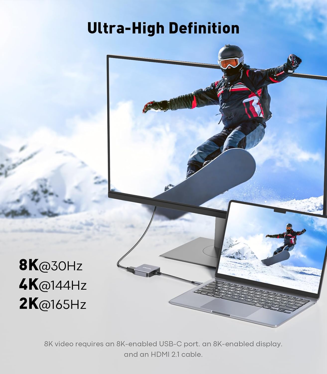 UANTIN 2.1 100W [8K, 4K@120Hz/60Hz 48Gbps 15/16, 1/2, USB C to HDMI Adapter with USBC Charging Port, Supports HDR]