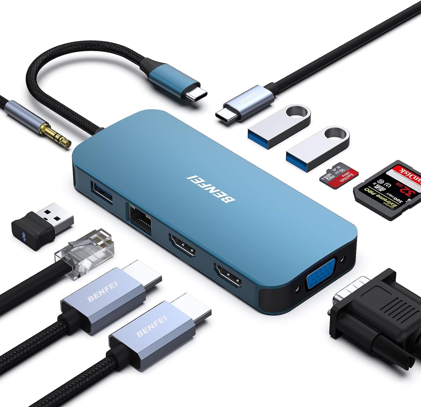 BENFEI 11-in-1 3*USB 3.0, 1Gbps 100W 3.5mm USB C Hub Triple Display Docking Station Dual HDMI, VGA, Ethernet, Power