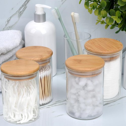 BKYFPQ Glass Qtip Holder Dispenser Set - 4 Apothecary Jars with Lids for Makeup & Bathroom Storage