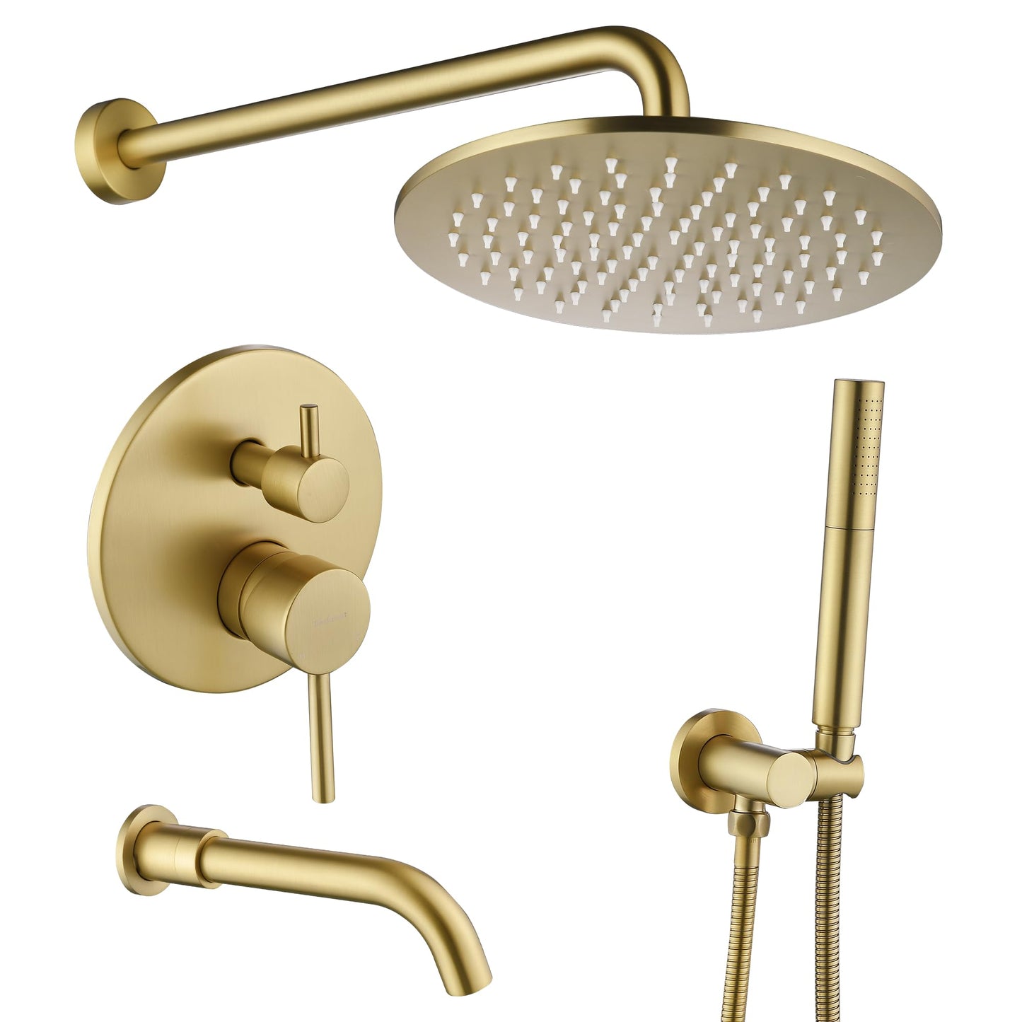 Tomfaucet Shower System with Tub Spout, 3 Functions 10" Round Wall Mounted Rain Shower System, High-Pressure Rain Shower Head with 2 Modes Handheld Spray, Brushed Gold Shower Systems