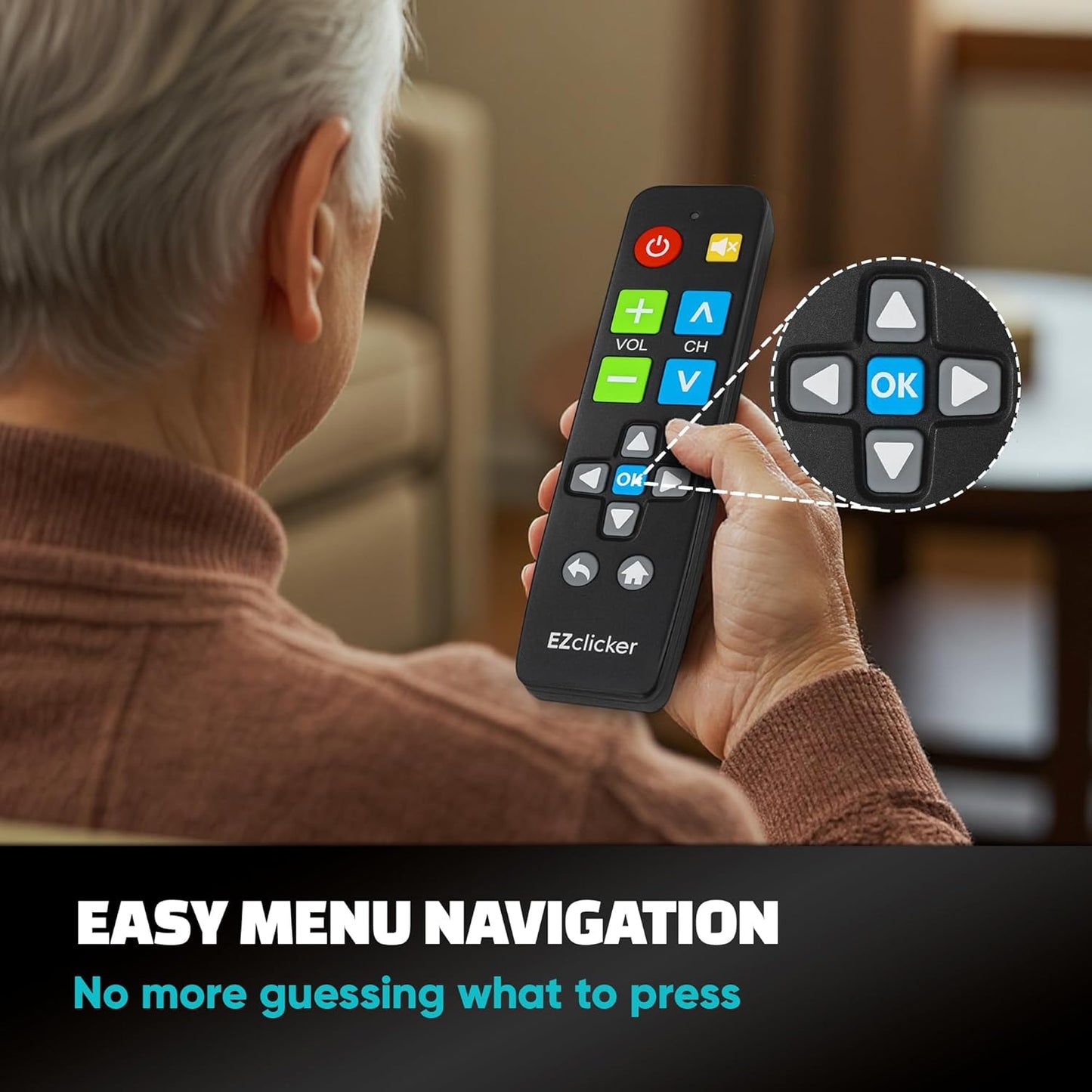EZClicker (2xAAA Big Button Universal TV Remote (Black) Simple Easy to Use, Great for Seniors, Works with Major TV
