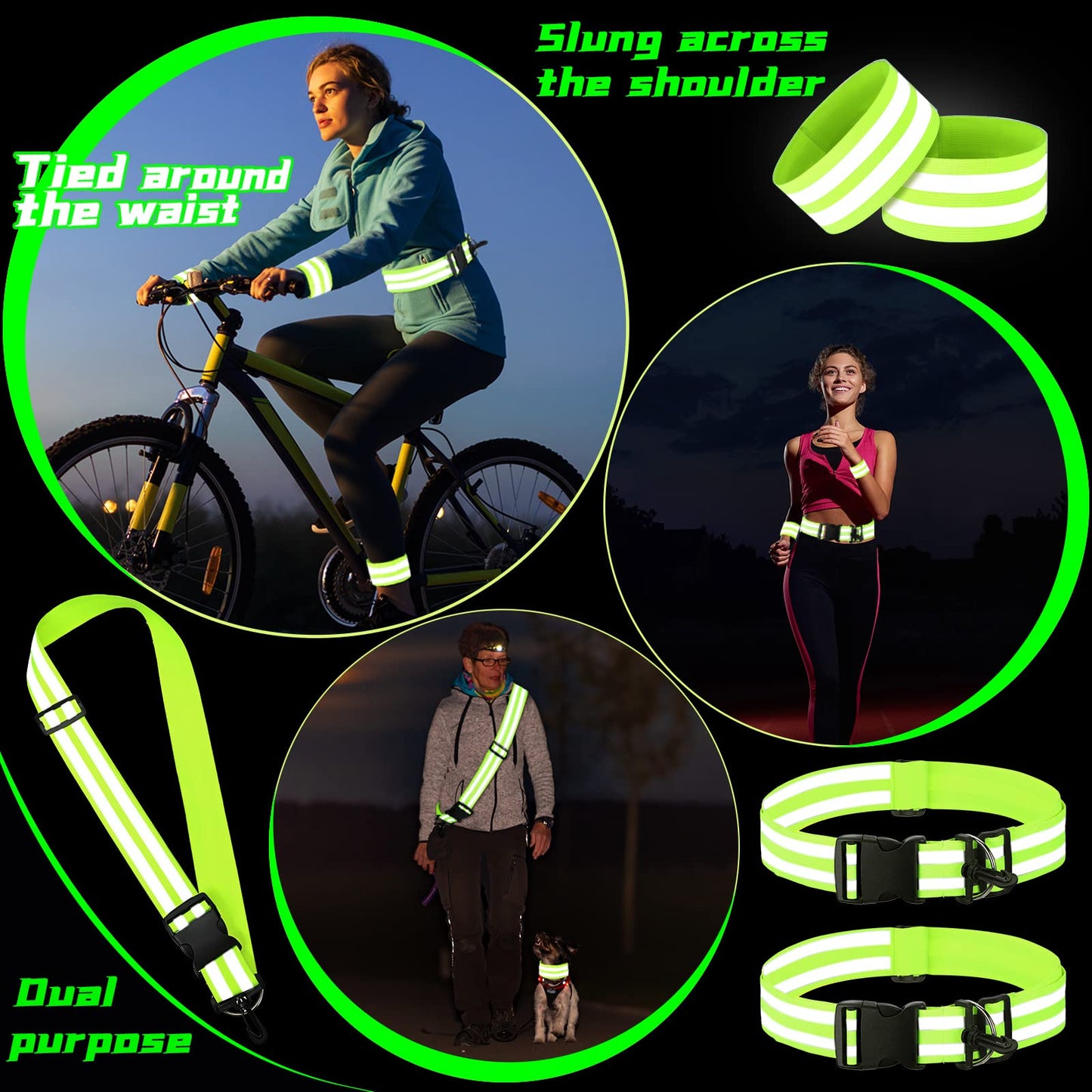 Saintrygo 6 Pcs Reflective Sash for Walking at Night Reflective Strap Arm Band High Visibility Belt Safety Ankle Strap for Visibility Vest Clothing Running Gear(Fluorescent Green)