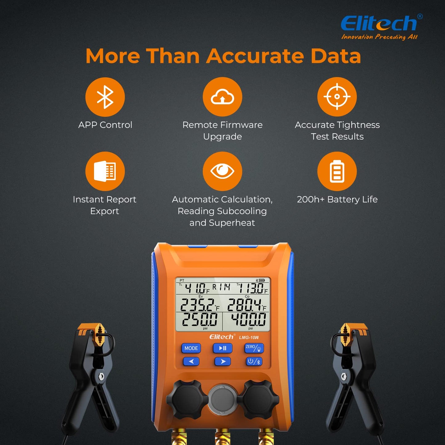 Elitech Wireless Digital Manifold Gauge Set Data Logging Refrigerant HVAC Gauges with Hoses, Temperature Clamps, LMG-10W