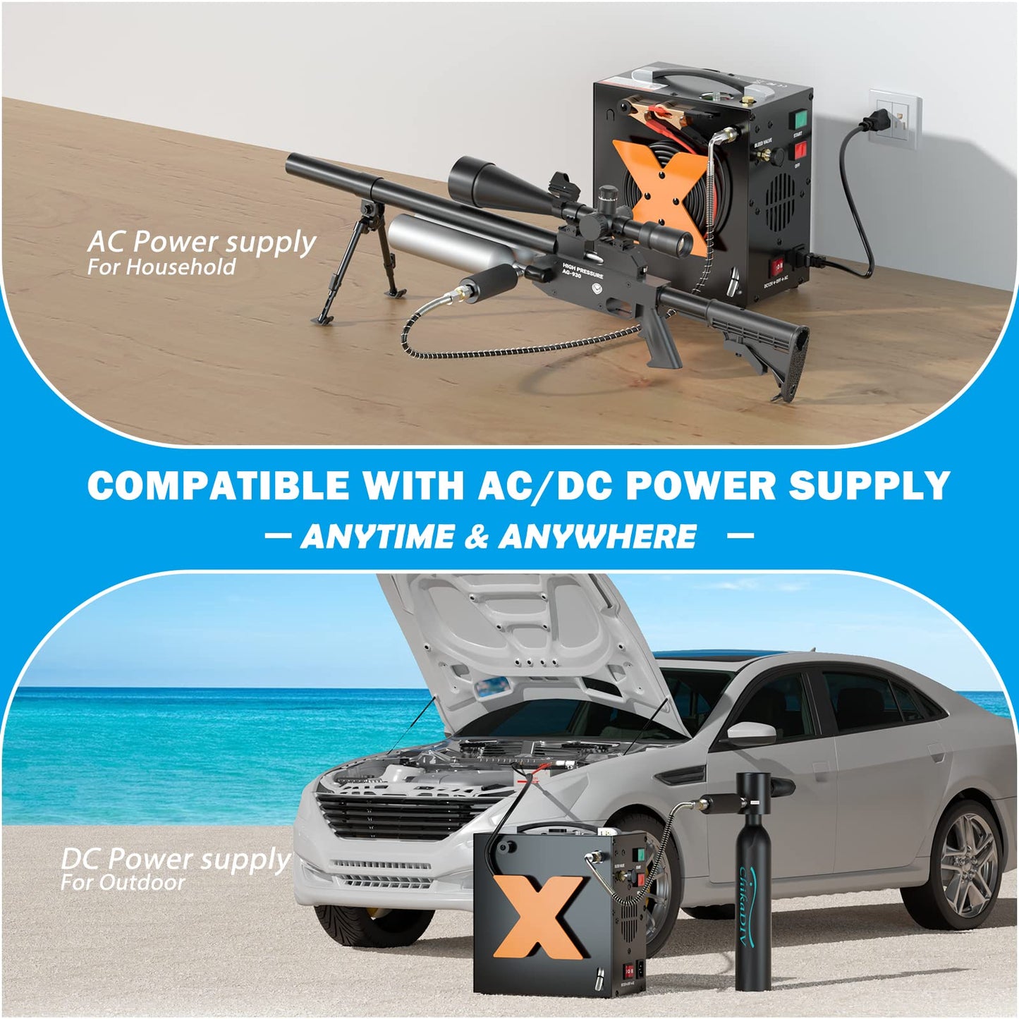 PCP Air Compressor 4500Psi/30Mpa Oil-Free & No-noise High-Pressure Air Compressor with Water/Oil Separator, Auto-shut suitable for Scuba Tank, Air-Gun, Powered by 12V DC or 110V-220 AC