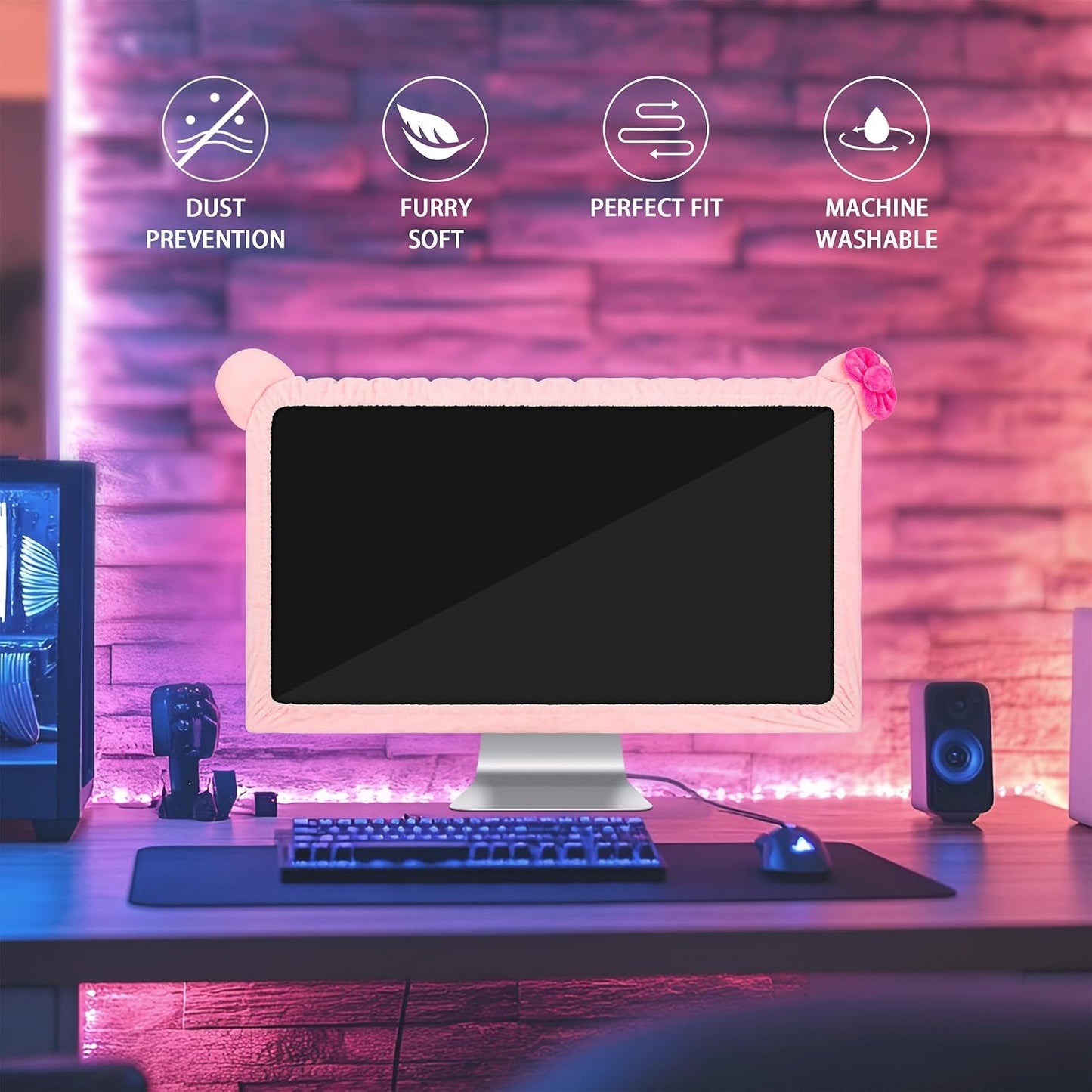 22"-27" Lovely Cute Computer Monitor Cover with Cat Ear Design, Kawaii Display Dust Cover with Furry Design, Elastic