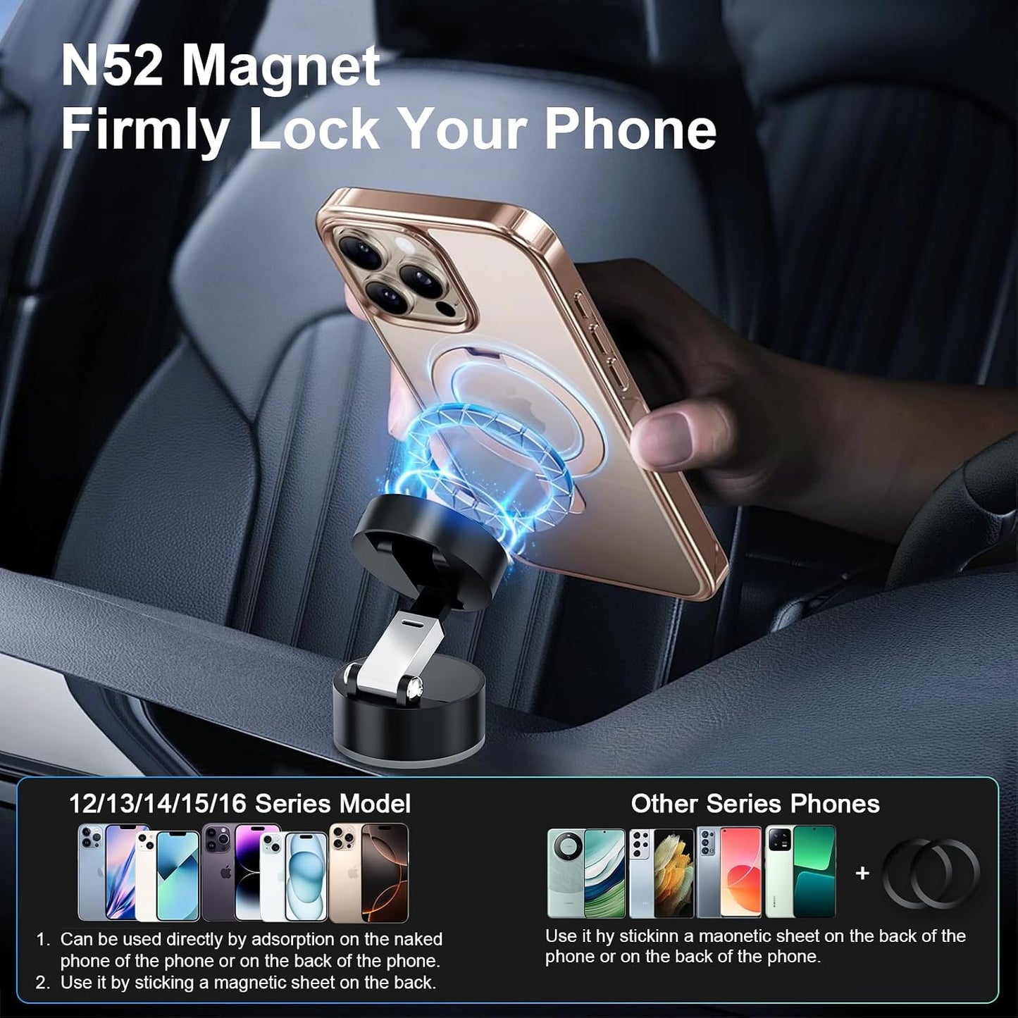 Amoner 2025 360 Vacuum Magnetic Suction Phone Holder, Upgrade Retractable Suction Cup Phone Mount, Foldable Magnetic