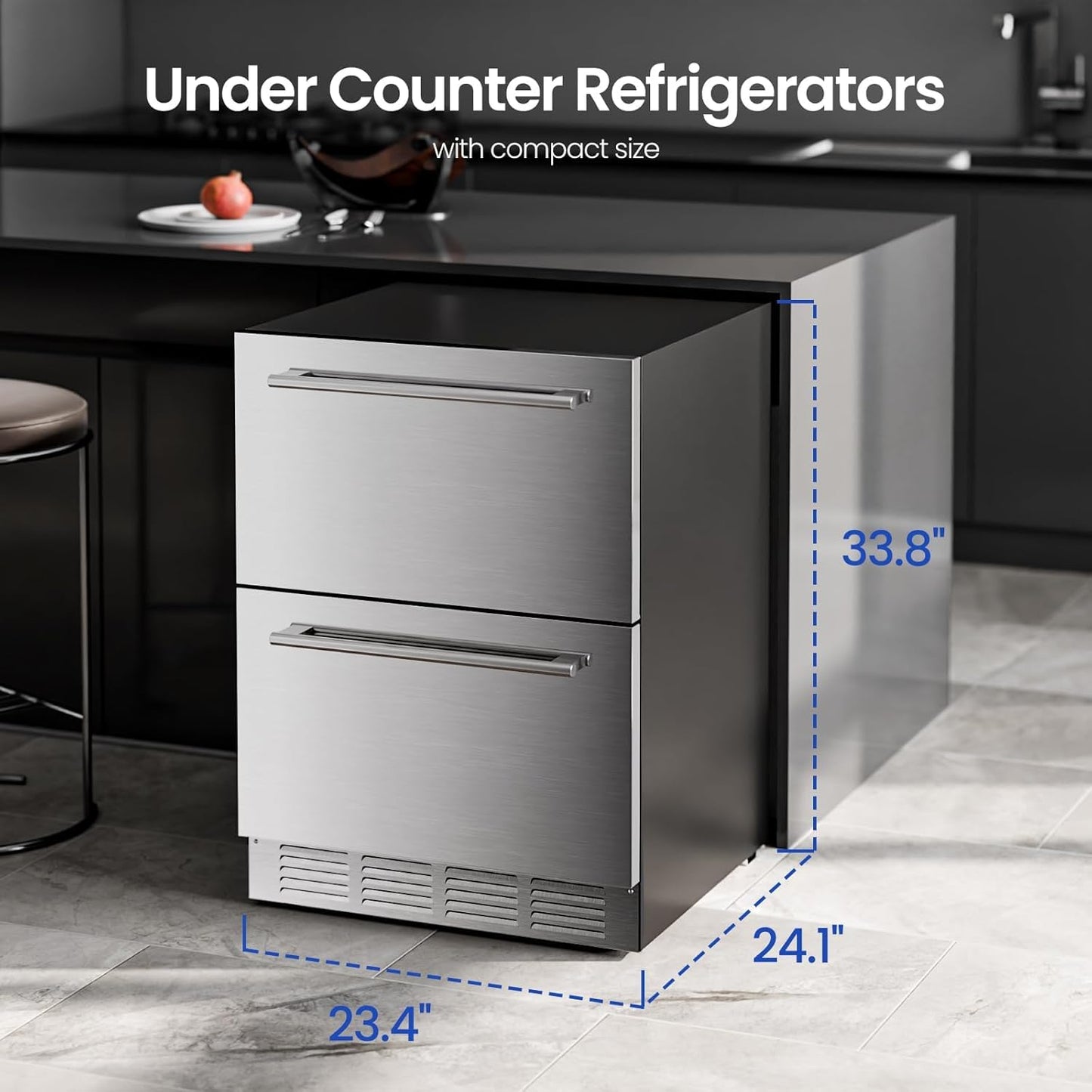 Electactic Under Counter Refrigerator, 24 Inch Double Drawer Beverage Fridge, Built-in Outdoor Beverage Cooler for Soda Drink & Beer, 145 Cans for Kitchen & Commercial, Stainless steel
