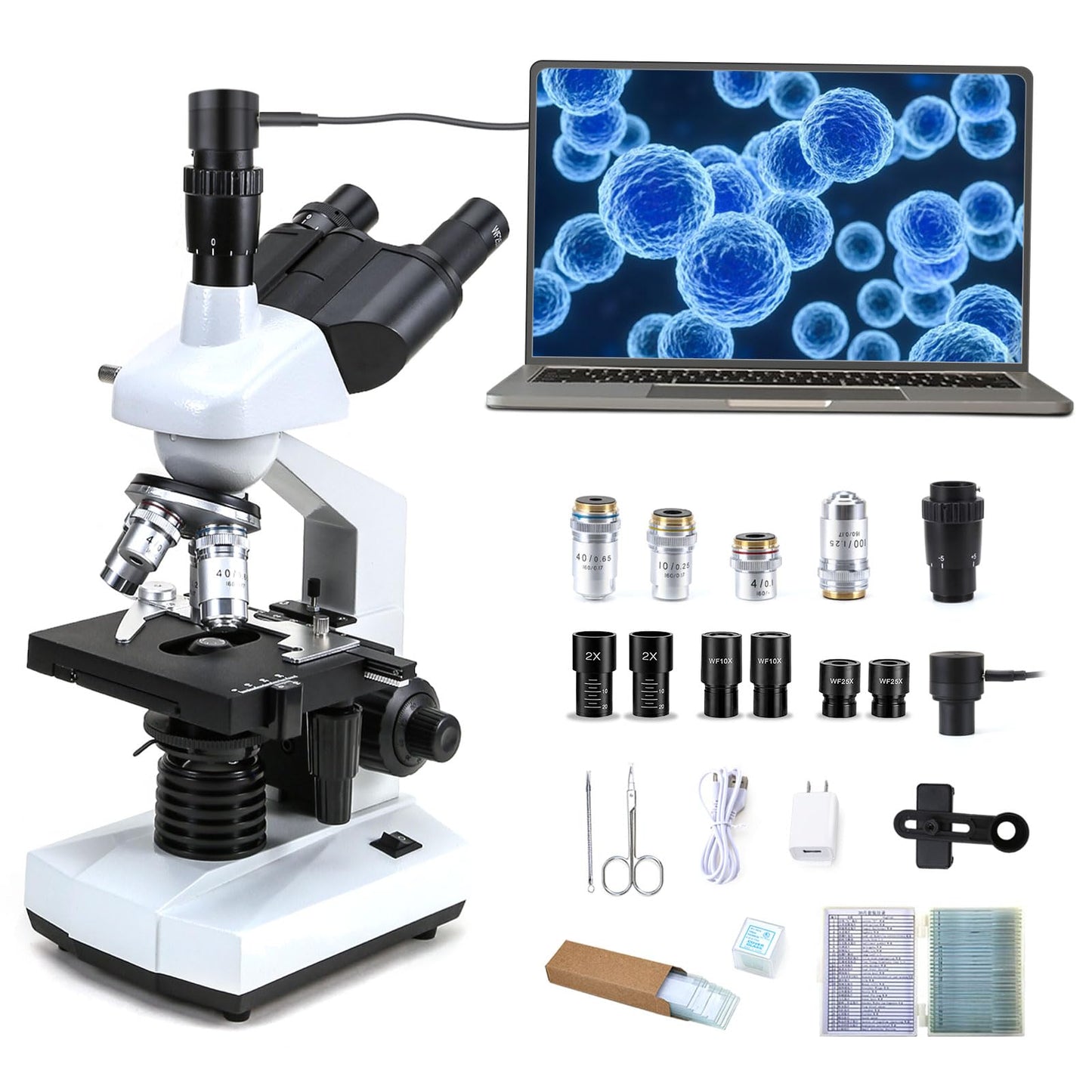 40X-5000X Compound trinocular Microscopes trinocular for Adults, with 5.0 mp Camera with Microscope Slides 30p, Microscope Accessories, Microscopes for School Laboratory Home Education Abbe Condenser