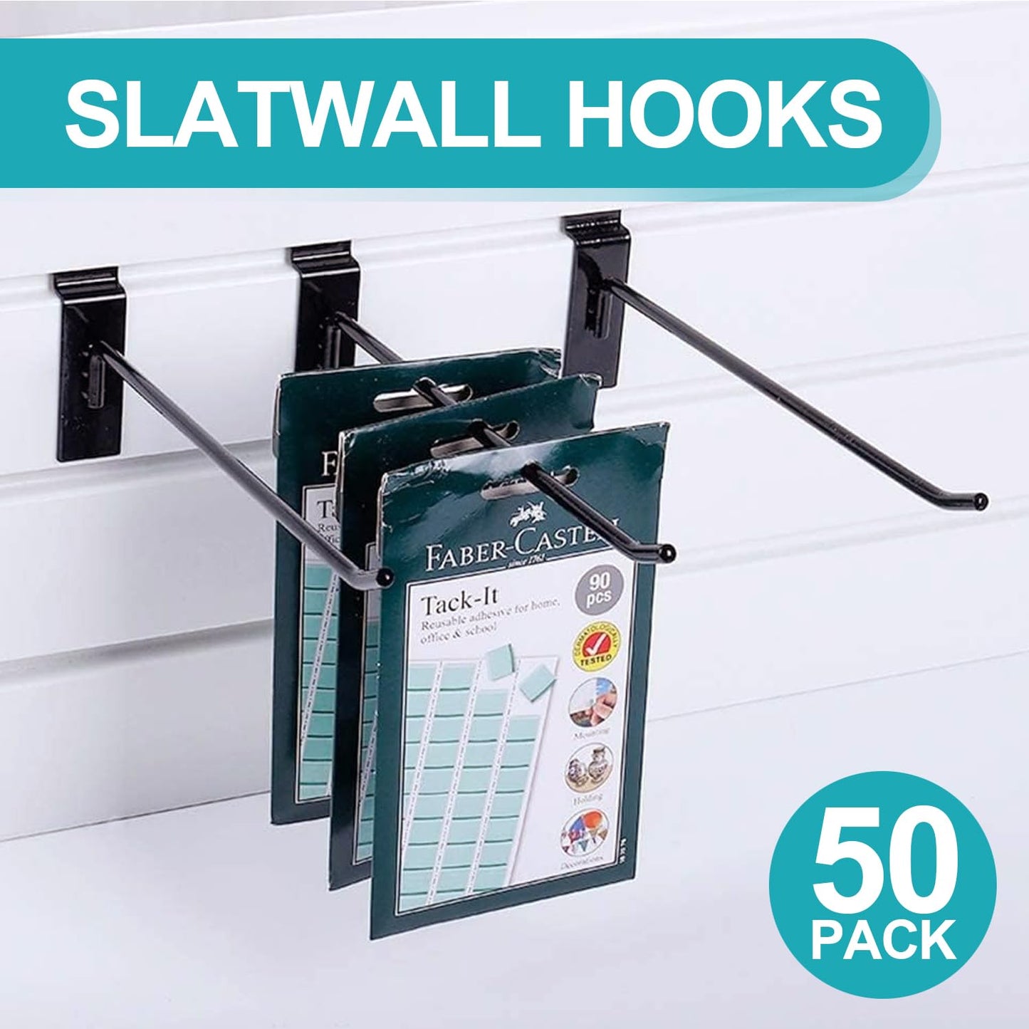 HJW Slatwall Hooks 50 PCS 4 Inch Black Slatwall Accessories Garage Shop Retail Display Heavy Duty Pegboard Gridwall