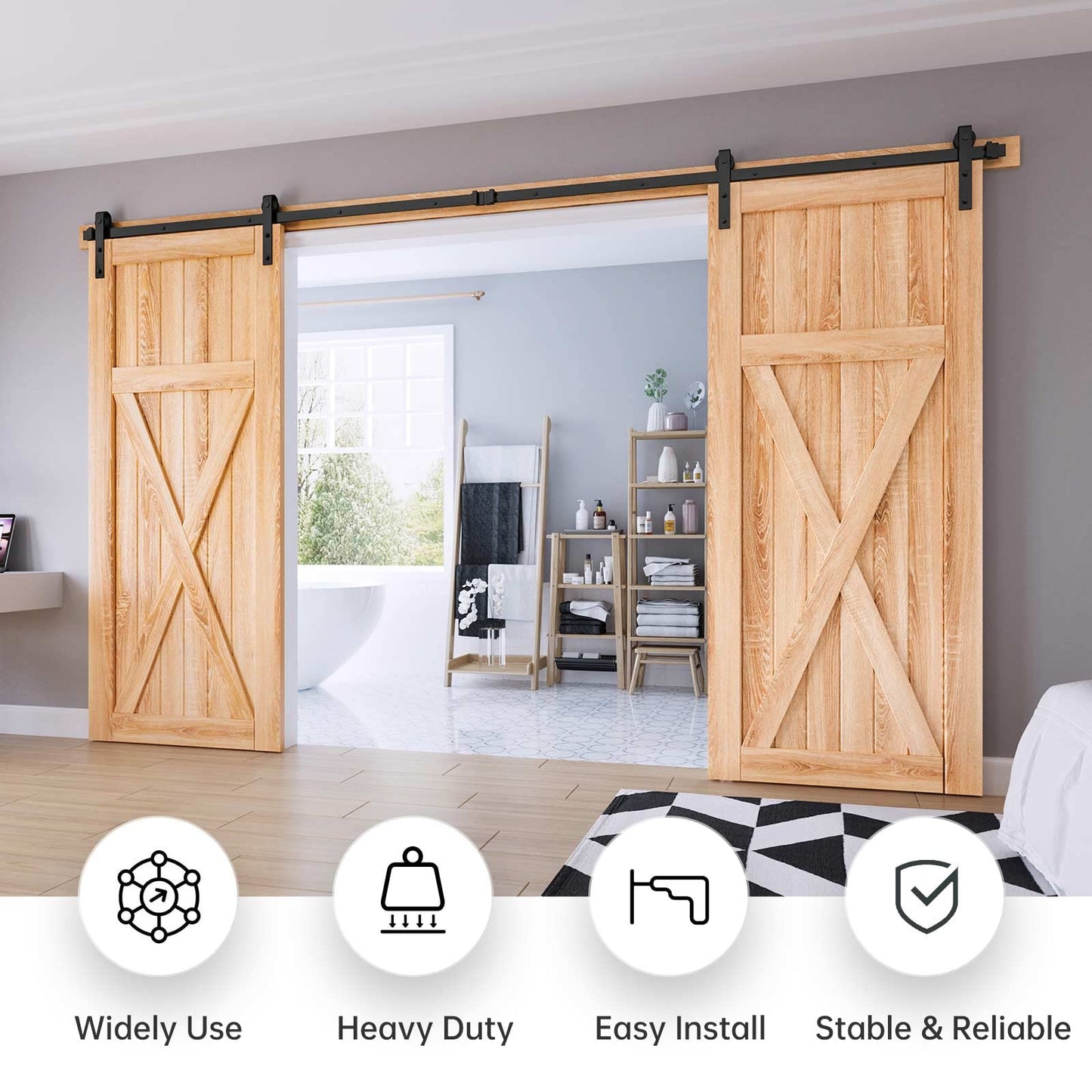 EaseLife 12 FT Double Door Sliding Barn Door Hardware Track Kit,Basic J Pulley,Heavy Duty,Slide Smoothly Quietly,Easy Install (12FT Track Kit for Double 36" Wide Door)