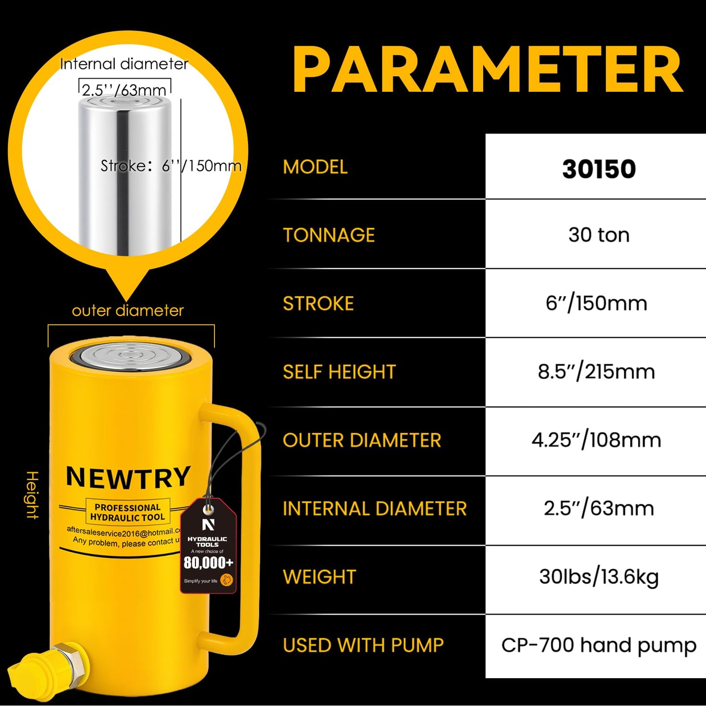 NEWTRY 30 ton Hydraulic Jack Cylinder Long Ram 6” Stroke Portable Hydraulic Industrial Lifting Porta Power Retract Automatically