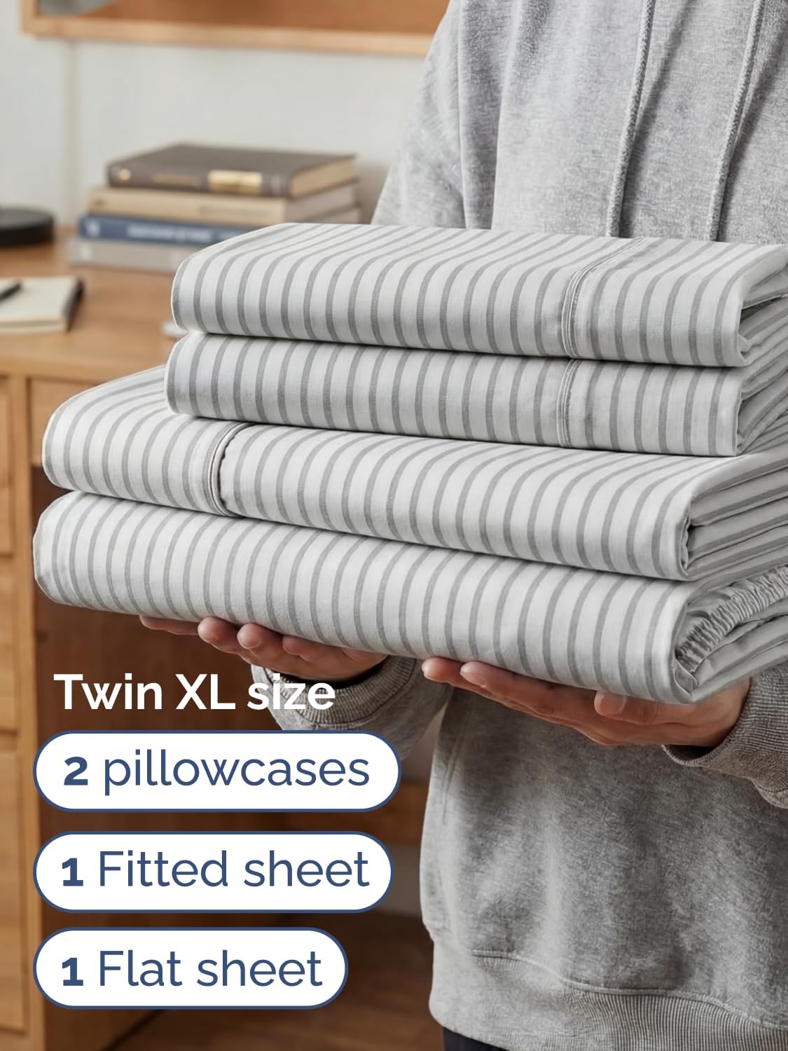Skiennix Extra Deep Twin XL Sheet Set - 4 Piece Breathable Cooling Bedding - Soft Wrinkle-Free Grey Stripes