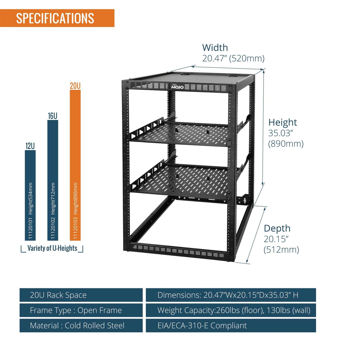 Tecmojo 20U Open Frame Network Rack for IT & AV Gear, AV Rack Floor Standing or Wall Mounted,with 2 PCS 1U Rack Shelves & Mounting Hardware,Network Rack for 19" Networking,Audio and Video Device