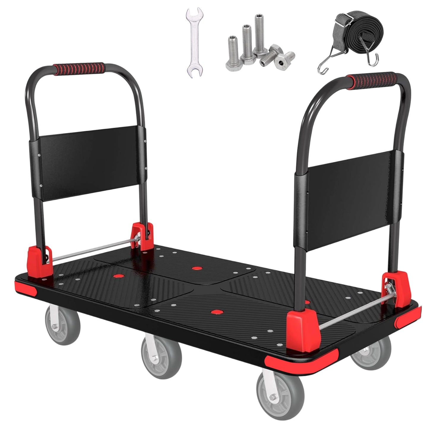 Platform Trucks Flatbed Cart Heavy Duty with 2 Handrails & 6 Rubber Wheels, Flat Dolly 2000lbs Capacity with Bungee Cord, 49.2"x27.56" Folding Hand Cart for Moving Furniture/Office/Warehouse/Garage