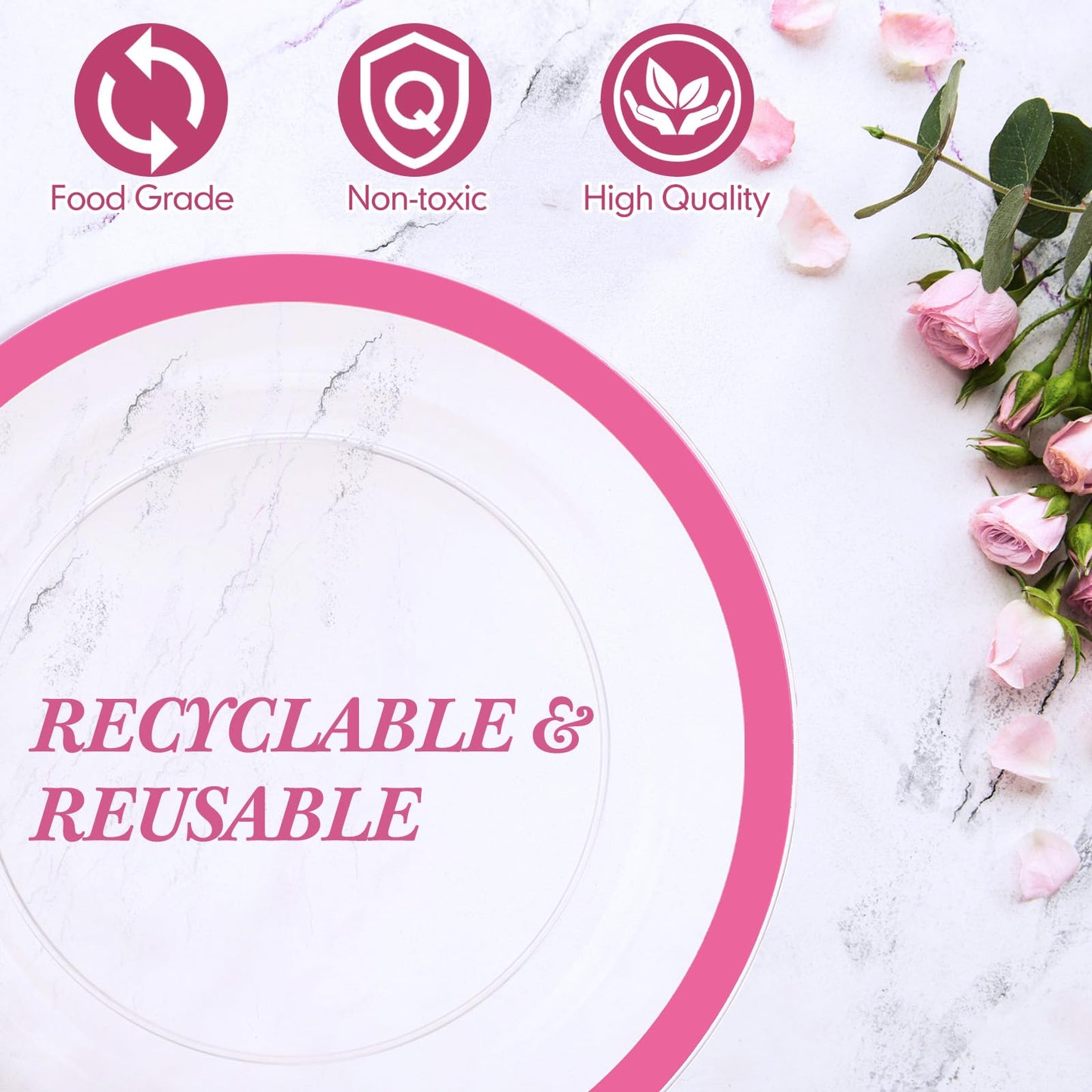 Wesiti 100 Pcs Clear Plastic Plates Disposable Dinnerware Set Includes 50 Dinner Plates 10.25 '', 50 Dessert Plates 7.5 '', Cake Salad Dessert Plates for Wedding Birthday Holiday Parties(Pink Rim)