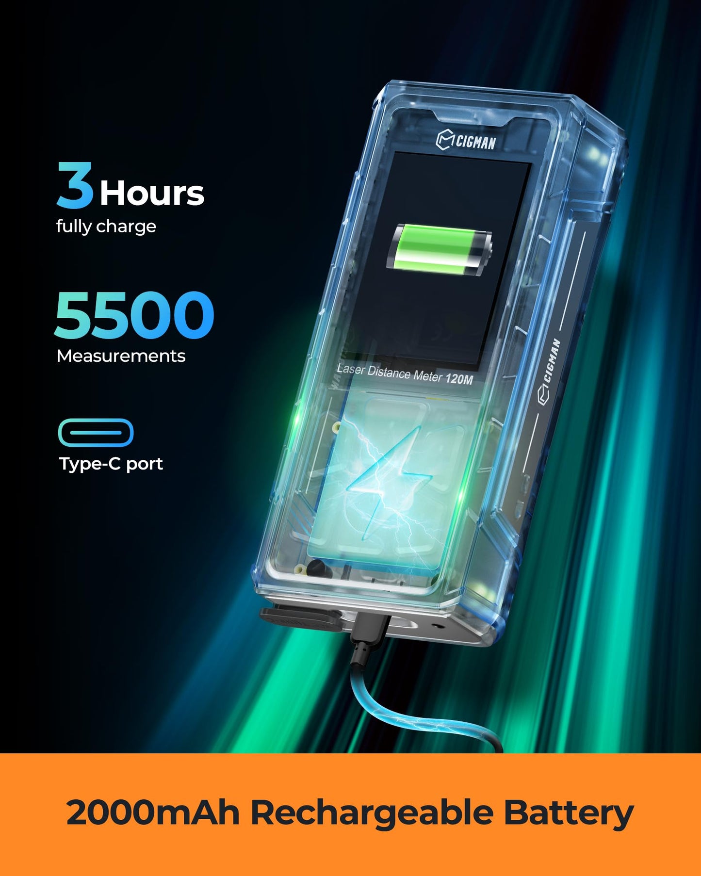 Laser Measuring Tool, CIGMAN 393ft Green-Beam Laser Measure, Outdoor Laser Measurement Tool with 4X Camera, P2P Technology, IP68, Rechargeable Laser Distance Meter, Length, Area, Volume, Angle Sensor