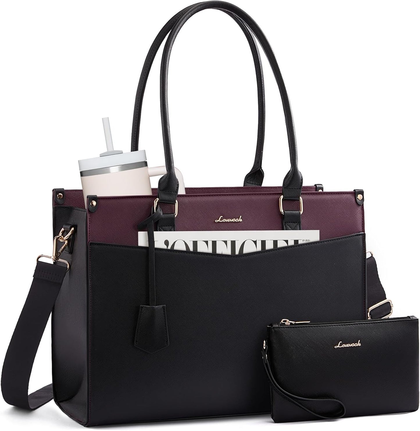 2-in-1 LOVEVOOK Laptop Bag for Women, Tote Purse with Clutch & Cup Holder, Waterproof Briefcase for Work Travel