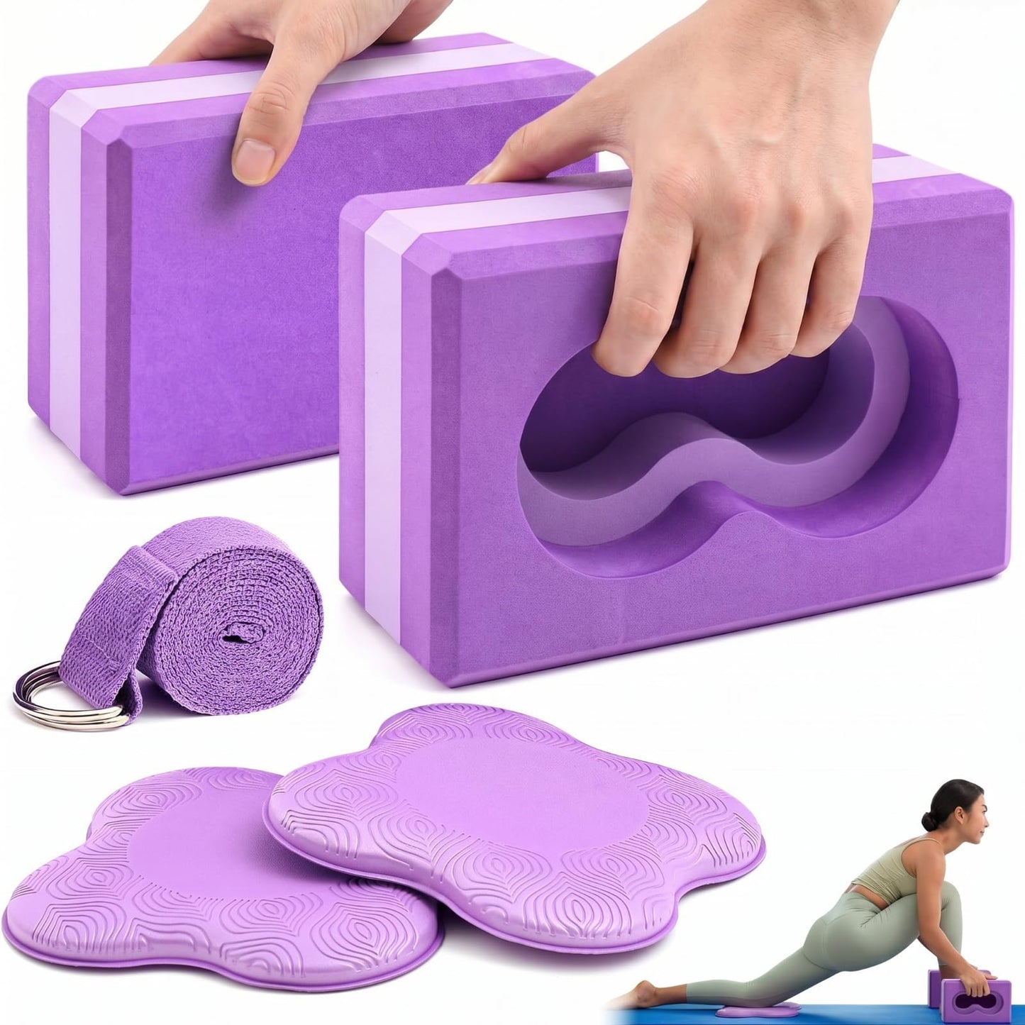 Yoga Blocks 2 Pack for Wrist Relief Yoga Blocks Wrist Support Set with Knee Pads and Strap Improve Comfort and Grip, Nonslip EVA Foam Pilates Exercise Balance Stretching Accessories Meditation(Purple)