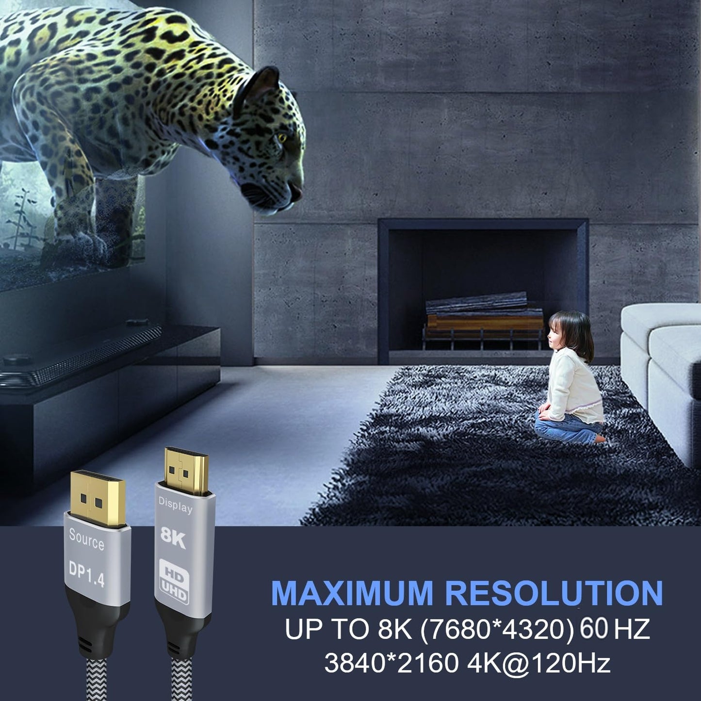 CHENLENIC 6.6FT 8K 8K@60Hz 4K@120Hz DP1.4 2.1(Display),DP 2.3 HDR10 DisplayPort to HDMI Cable, Uni-Directional (Source)