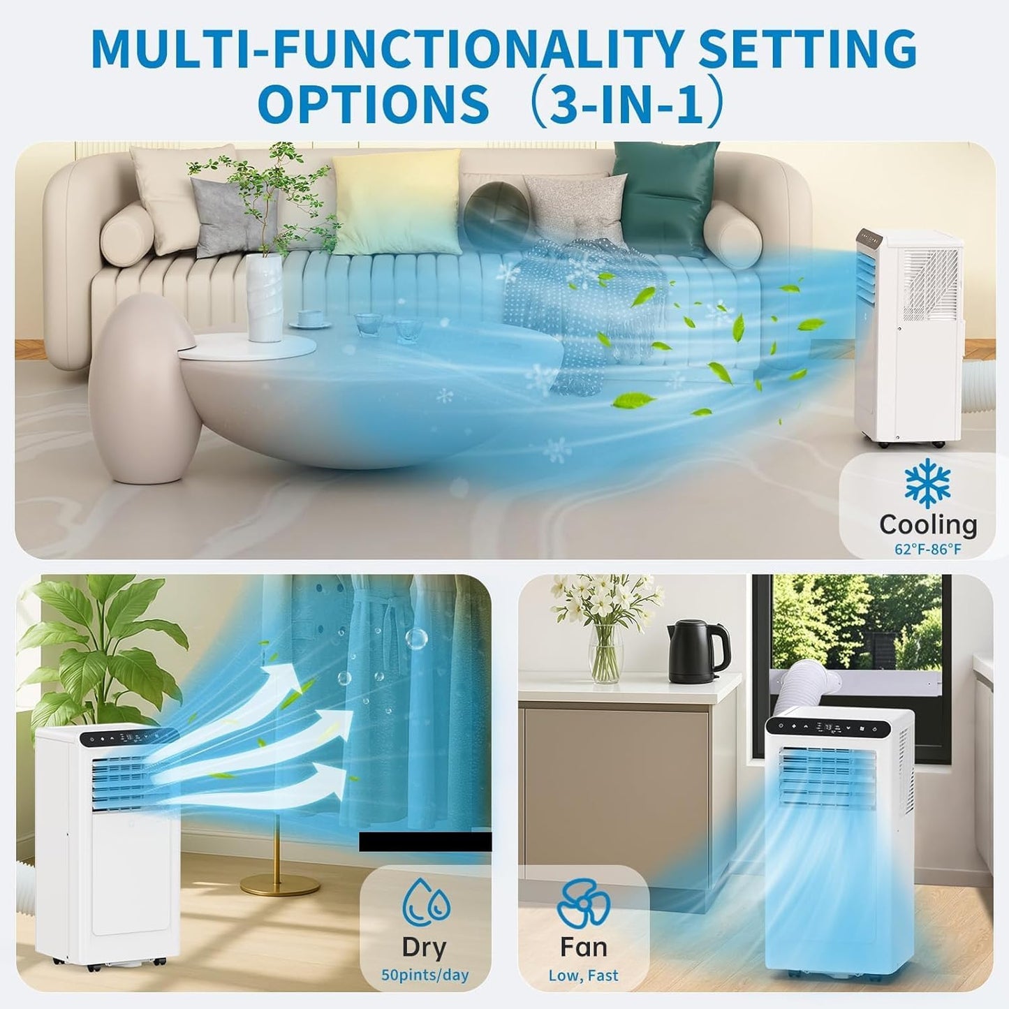 8,000 BTUs Portable Air Conditioner, 3-In-1 Portable AC Unit with Fan & Dehumidifier, Room Air Conditioner Cools Up to 350 Sq.Ft, Standing AC Unit with Remote Control & 24H Timer, for Home, Office