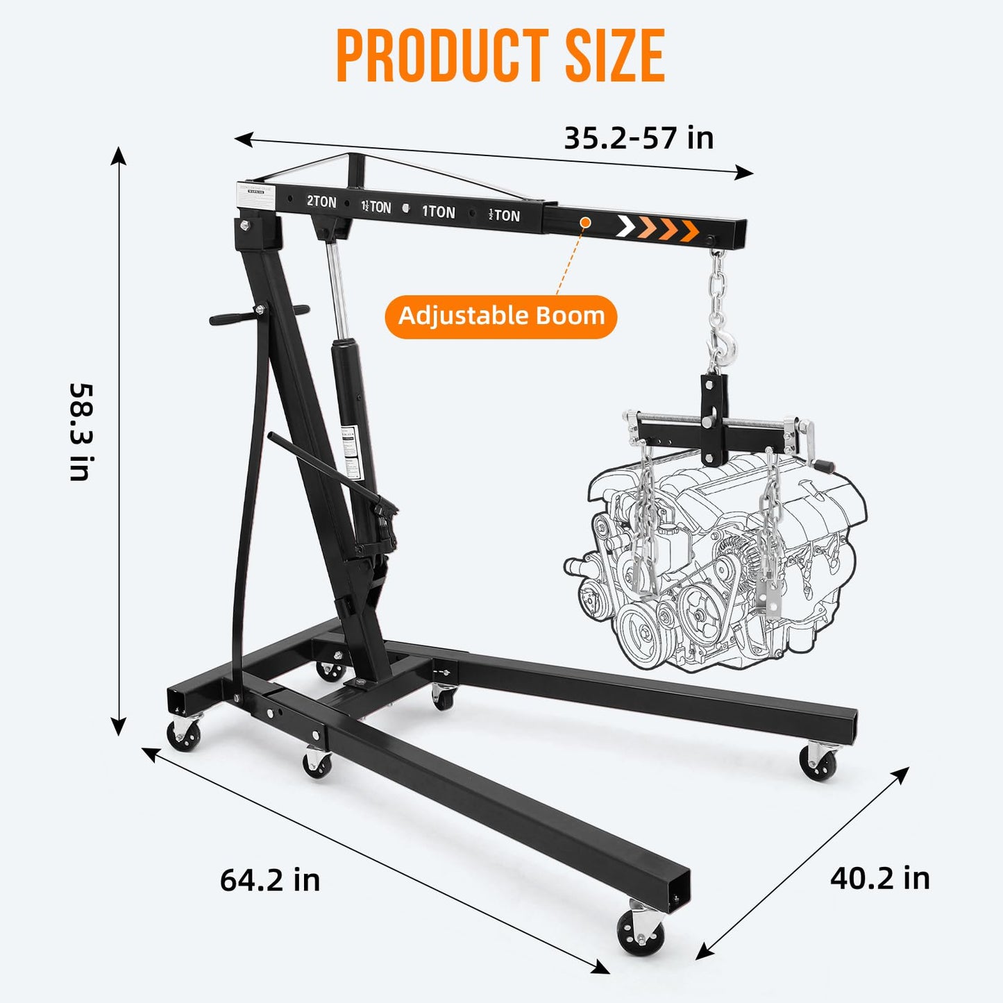 2 Ton Folding Hydraulic Engine Hoist with Lever, Folding Engine Shop Crane Hoist Lift, Heavy Cherry Picker with 6 Wheels for Garage, Workshop,Black