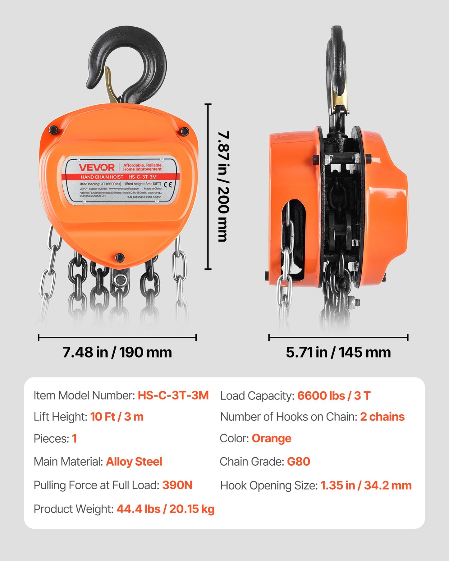 VEVOR Hand Chain Hoist, 3 Ton 6600 lbs Capacity, Manual Chain Block with Upgrade G80 Galvanized Chain, 10 ft Lifting Height, Heavy Duty Pulley Hoist for Garage Warehouse Automotive Machinery, Orange