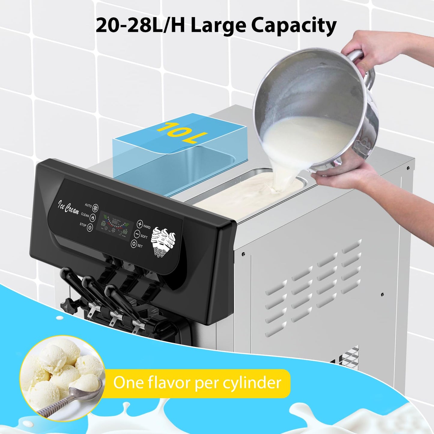 PioneerWorks Commercial Ice Cream Maker,2200W, 5.3 to 7.4 Gal/Hour, 3 Flavors Commercial Soft Ice Cream Machine with LED Display, Perfect for Restaurants Snack Bar